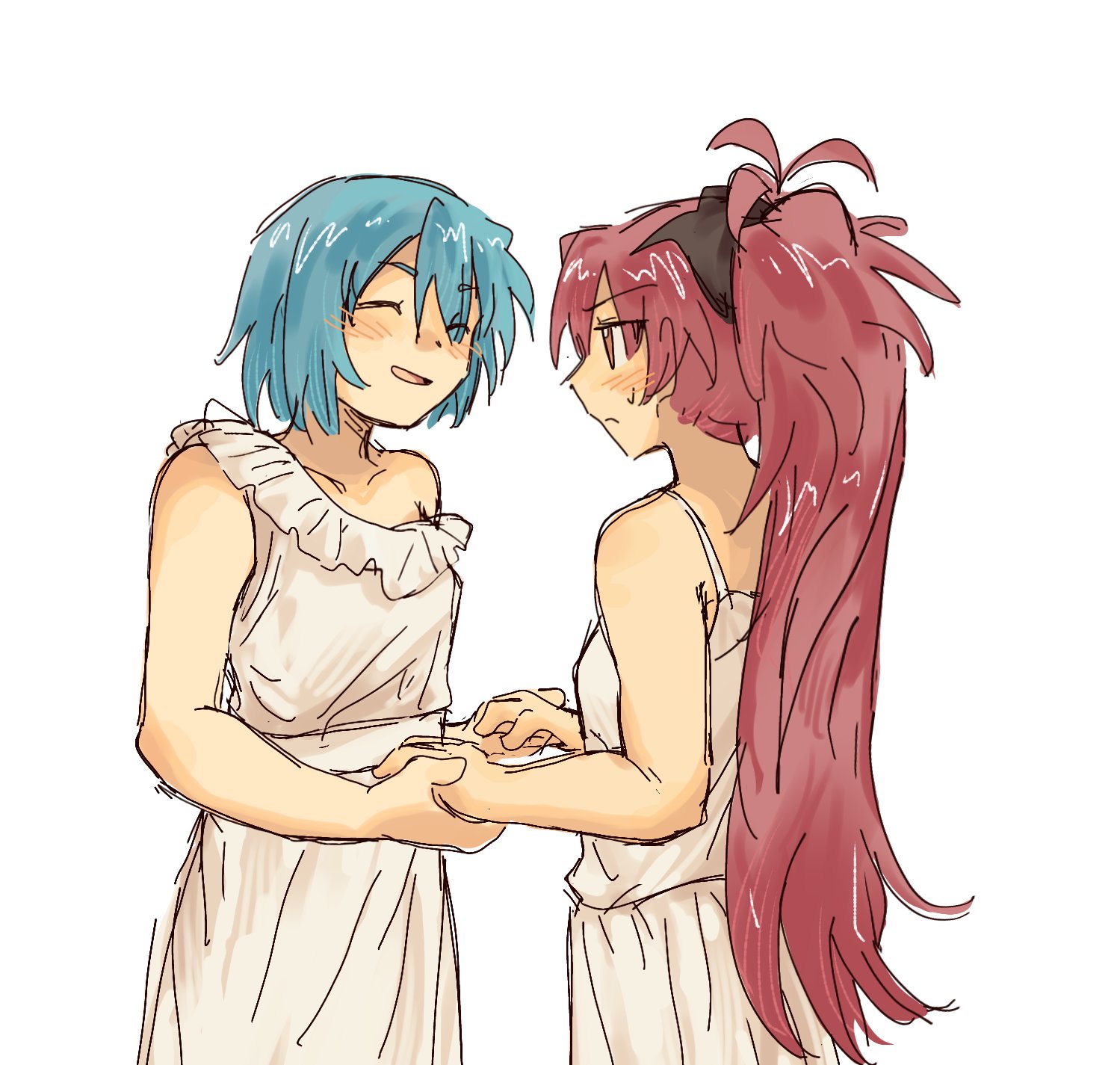 sorghum39919263, miki sayaka, sakura kyoko, mahou shoujo madoka magica, highres, 2girls, ahoge, bare shoulders, blue eyes, blush, collarbone, dress, feet out of frame, from behind, holding hands, long hair, looking at another, multiple girls, one eye closed, pink dress, ponytail, red eyes, short hair, simple background, sleeveless, sleeveless dress, white background