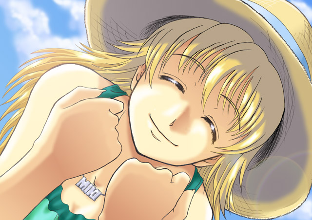 mash, mash (masurawo), hoshii miki, idolmaster, idolmaster (classic), idolmaster 1, 00s, 1girl, ^ ^, bare shoulders, blonde hair, clenched hands, closed eyes, collarbone, day, dress, female focus, glint, green dress, happy, hat, jewelry, necklace, pendant, smile, solo, sun hat, sundress