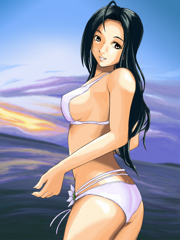 mash, mash (masurawo), miura azusa, idolmaster, idolmaster (classic), 00s, 1girl, ass, bikini, black hair, blue sky, breasts, brown eyes, cloud, cloudy sky, cowboy shot, cropped legs, female focus, flower, from side, large breasts, long hair, looking back, outdoors, parted lips, sideboob, sky, smile, solo, swimsuit, white bikini
