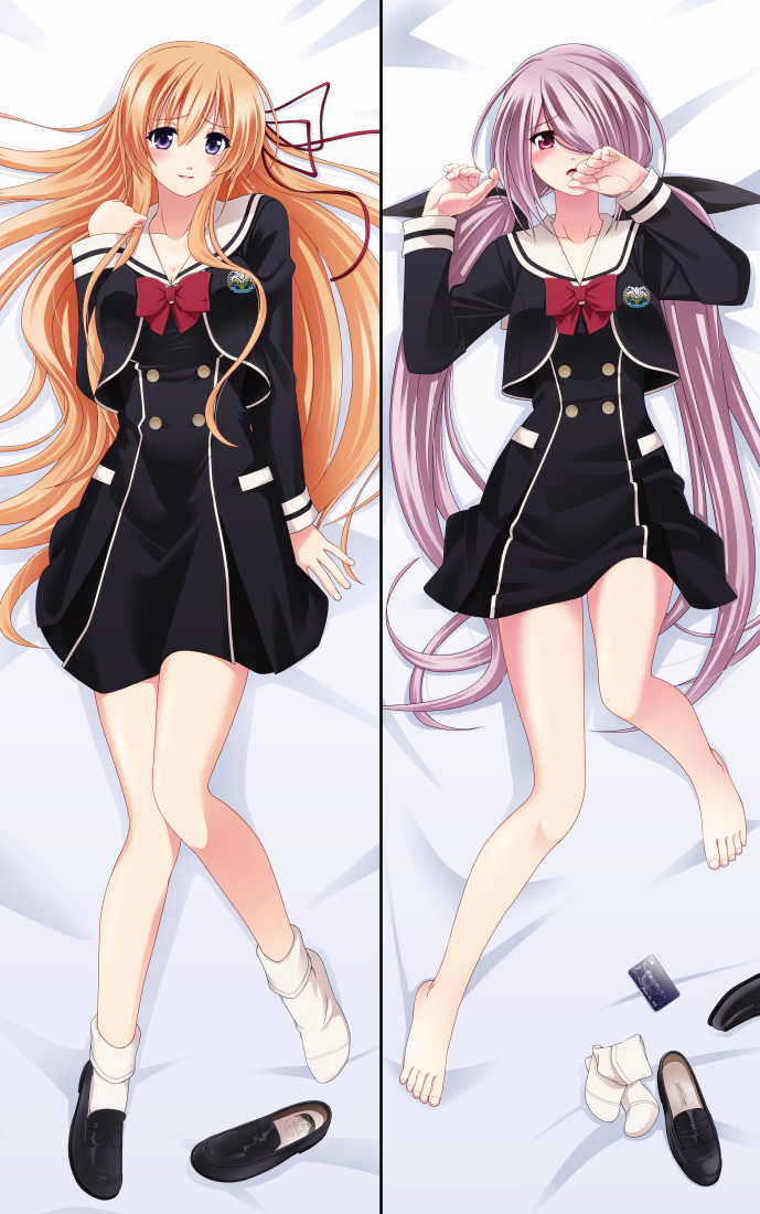 eibon, kurusu nono, minamisawa senri, chaos;child, science adventure, shiny lips, commentary request, 2girls, :o, bare legs, barefoot, bed sheet, black bow, blush, bow, breasts, chest bow, cleavage, cropped jacket, dakimakura (medium), embarrassed, fingernails, full body, hair between eyes, hair bow, hair over one eye, hair ribbon, hand in own hair, hand over face, hekiho academy school uniform, large breasts, legs, loafers, long hair, looking at viewer, lying, multiple girls, multiple hair bows, on back, open mouth, orange hair, pink hair, purple eyes, red bow, red ribbon, ribbon, sailor collar, sailor shirt, school emblem, school uniform, shirt, shoes, single shoe, small breasts, smile, socks, thick thighs, thighs, toenails, toes, tongue, twintails, unworn shoes, unworn socks, very long hair, white sailor collar, white socks, white trim