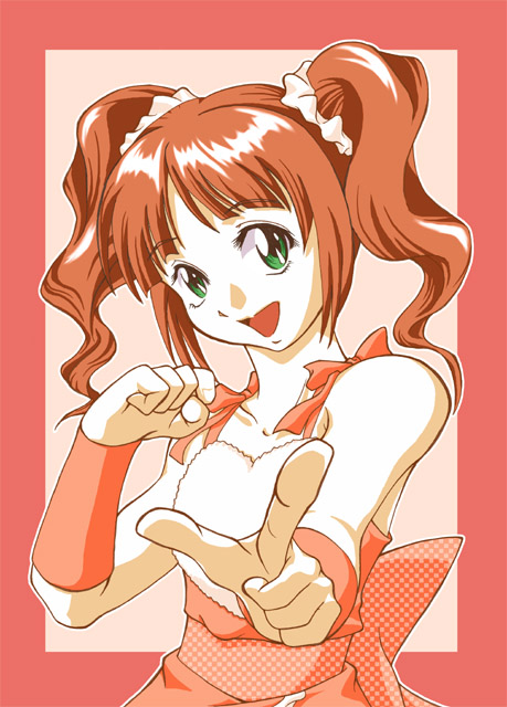 mash, mash (masurawo), takatsuki yayoi, idolmaster, idolmaster (classic), idolmaster 1, 00s, 1girl, brown hair, cute & girly (idolmaster), female focus, green eyes, open mouth, pointing, solo, twintails