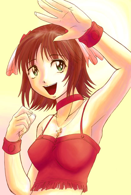 mash, mash (masurawo), amami haruka, idolmaster, idolmaster (classic), idolmaster 1, 00s, 1girl, :d, armpits, bracelet, breasts, brown hair, camisole, choker, cleavage, cool & sexy (idolmaster), female focus, fighting stance, green eyes, jewelry, looking at viewer, necklace, open mouth, short hair, smile, solo, upper body