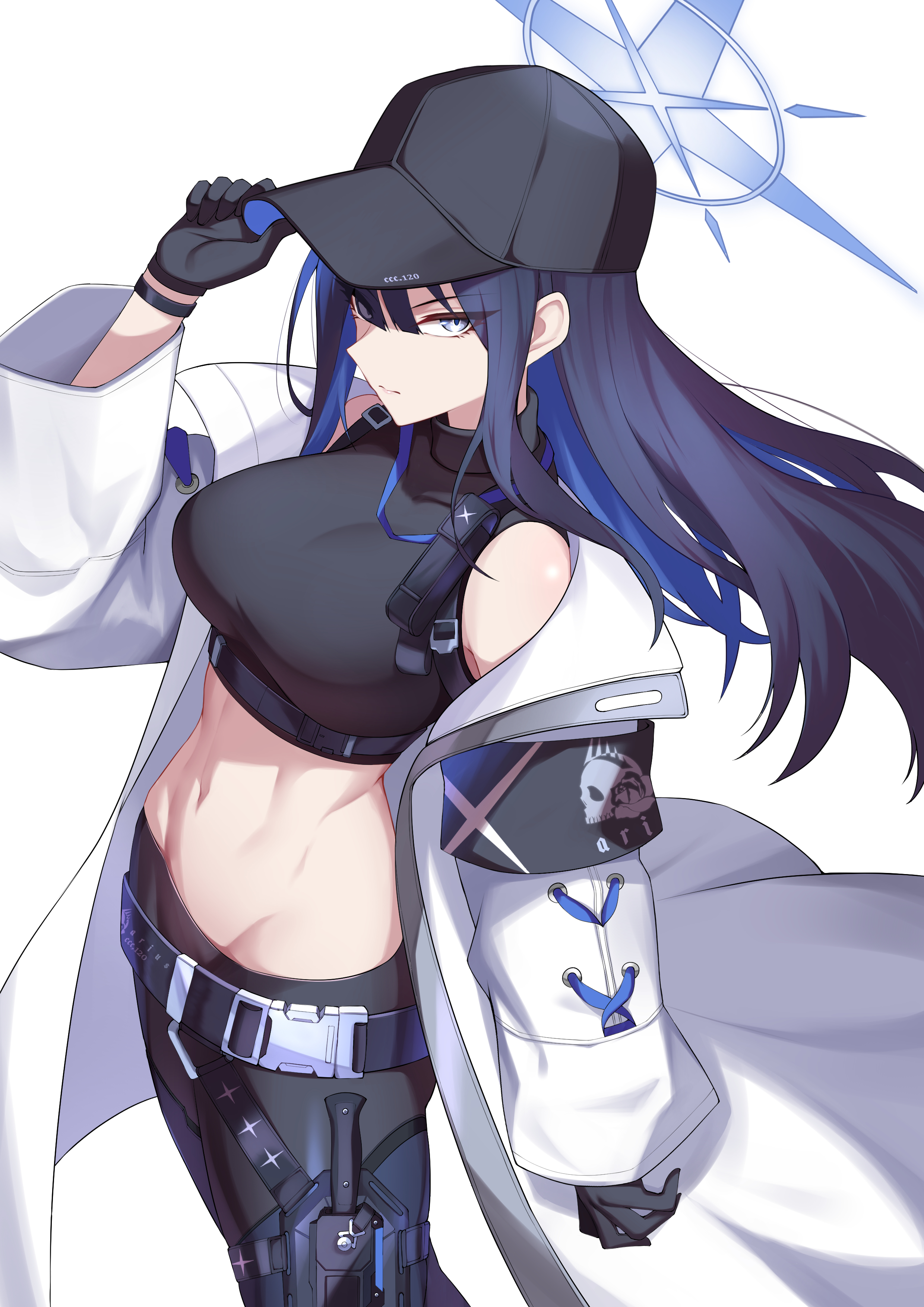 kurosaki saya, saori (blue archive), blue archive, absurdres, highres, 1girl, abs, adjusting clothes, adjusting headwear, bare shoulders, baseball cap, black gloves, black hair, black hat, black pants, black sports bra, blue eyes, blue hair, blue halo, closed mouth, colored inner hair, gloves, hair between eyes, halo, hat, jacket, long hair, looking at viewer, multicolored hair, navel, open clothes, open jacket, pants, solo, sports bra, stomach, two-tone hair, white jacket