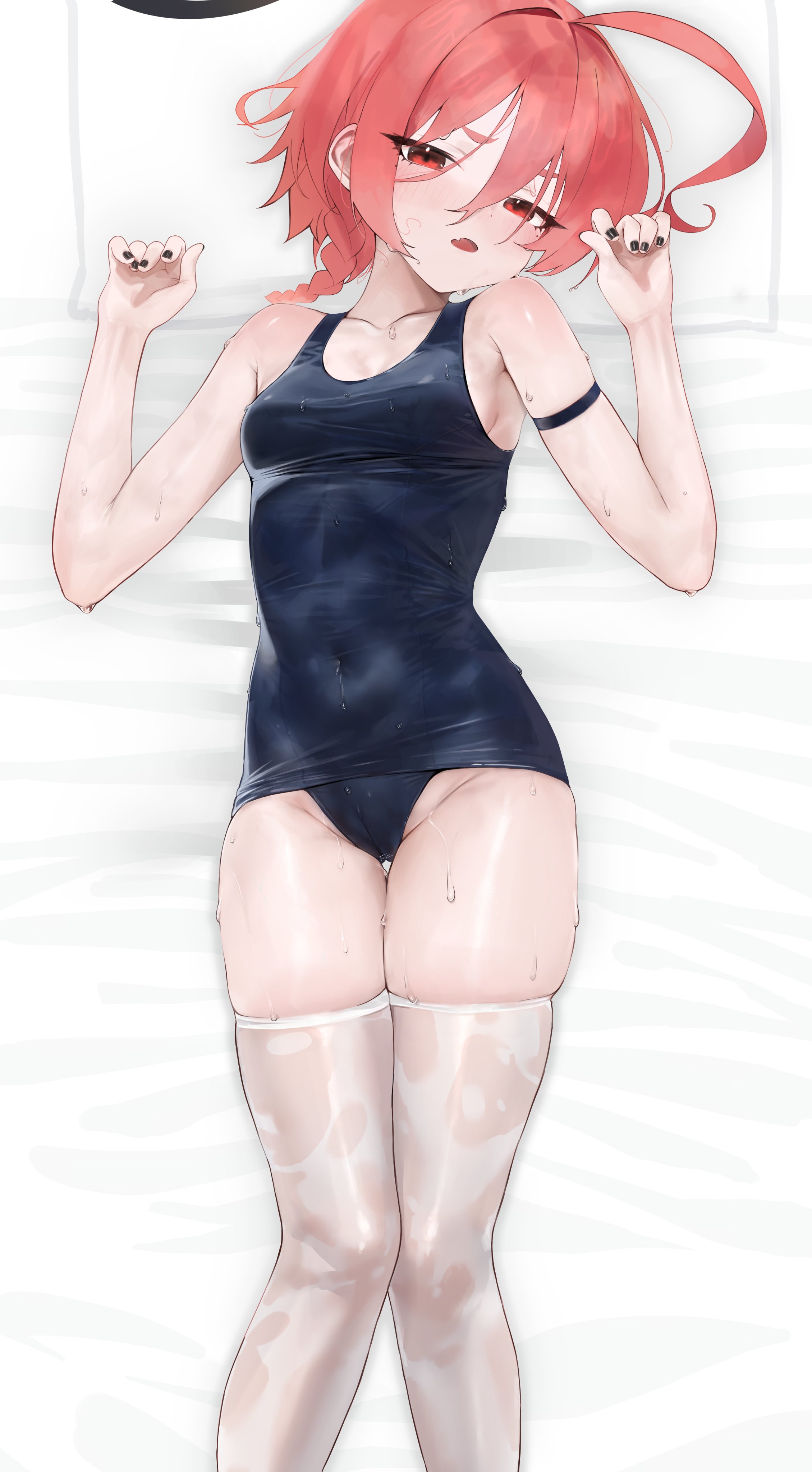 not forever2w, neru (blue archive), blue archive, absurdres, highres, 1girl, ahoge, arm strap, bare shoulders, blue one-piece swimsuit, braid, breasts, cameltoe, collarbone, covered navel, groin, long hair, lying, on back, one-piece swimsuit, open mouth, red eyes, red hair, skin tight, skindentation, small breasts, solo, swimsuit, thigh gap, thighhighs, water drop, wet, wet clothes, white thighhighs