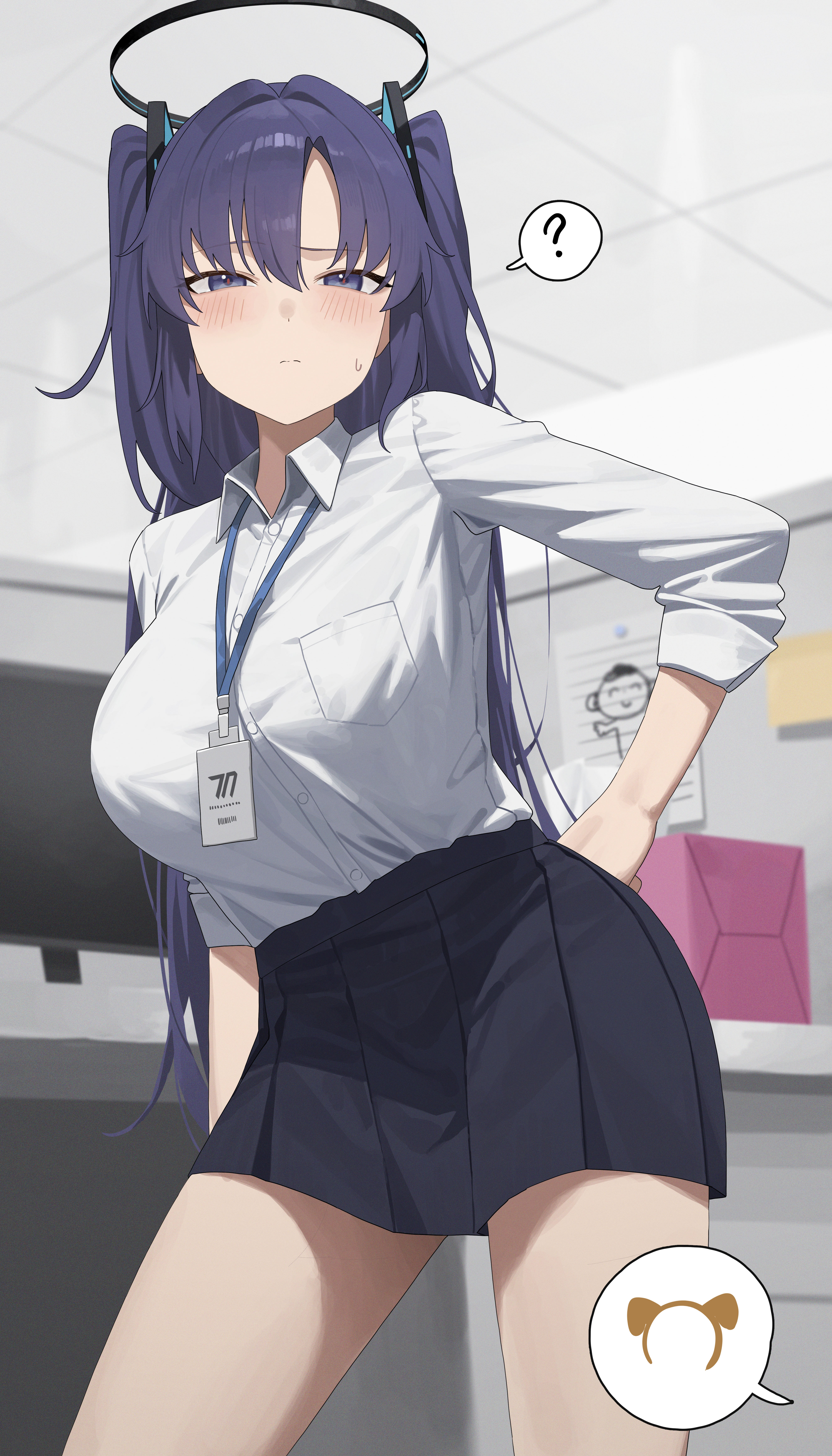mm (mhm2592), yuuka (blue archive), blue archive, absurdres, highres, 1girl, black halo, black skirt, blush, closed mouth, hair between eyes, halo, hand on own hip, id card, long hair, looking at viewer, purple eyes, purple hair, shirt, skirt, sleeves rolled up, solo, sweatdrop, two side up, white shirt