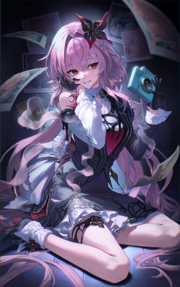 datan uu, evernight (honkai: star rail), march 7th (honkai: star rail), march 7th (preservation) (honkai: star rail), honkai: star rail, honkai (series), highres, 1girl, black boots, black dress, black gloves, boots, camera, dress, floating hair, gloves, hair between eyes, hair ornament, hairclip, half gloves, hand on own face, holding, holding camera, long hair, long sleeves, official alternate costume, official alternate eye color, official alternate hair length, official alternate hairstyle, parallel hairclips, parted lips, photo (object), pink hair, red eyes, single bare shoulder, sitting, smile, solo, thigh strap, very long hair, yokozuwari