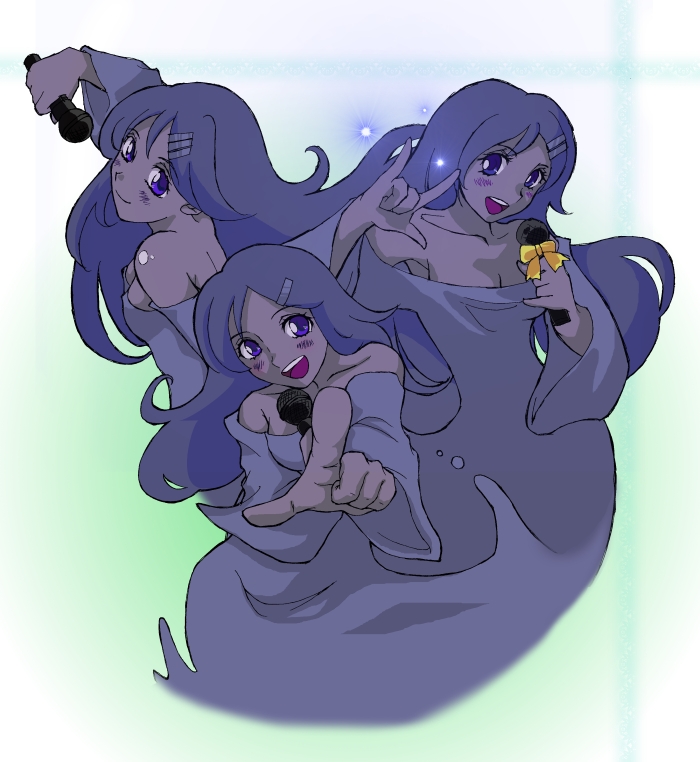 bonus-kun (artist), joker (splatterhouse), namco, splatterhouse, 3girls, ghost, m/, monster girl, multiple girls, music, purple eyes, seikan hikou, singing
