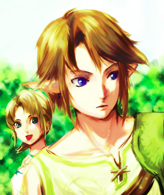 ilia, link, nintendo, the legend of zelda, the legend of zelda: twilight princess, lowres, 1boy, 1girl, blonde hair, blue eyes, green eyes, pointy ears, short hair, smile