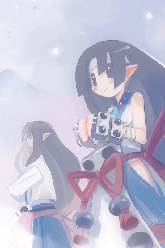 harada takehito, fubuki (disgaea), yukimaru, disgaea, makai senki disgaea 2, nippon ichi, official art, 1boy, 1girl, age difference, bandages, bare shoulders, beads, black eyes, black hair, blue hakama, blush, bow, brother and sister, closed mouth, clothing cutout, cowboy shot, crossed arms, faceless, faceless male, from side, hakama, hakama skirt, headband, hime cut, hip vent, japanese clothes, light smile, long hair, looking to the side, own hands together, pointy ears, sash, siblings, sidelocks, skirt, sleeveless, smile, standing, very long hair