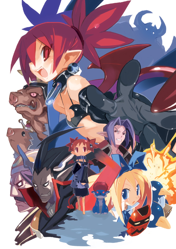 harada takehito, baal (disgaea), etna (disgaea), flonne, hanako (disgaea), hoggmeister (disgaea), maderas (disgaea), mid-boss, mid-boss (disgaea), porkmeister (disgaea), prinny, vulcanus (disgaea 1), disgaea, makai senki disgaea, makai senki disgaea 2, makai senki disgaea 3, nippon ichi, 00s, 2girls, 3boys, bat wings, blonde hair, blue eyes, collar, demon girl, flat chest, gloves, long hair, multiple boys, multiple girls, red eyes, red hair, skirt, tail, twintails, wings