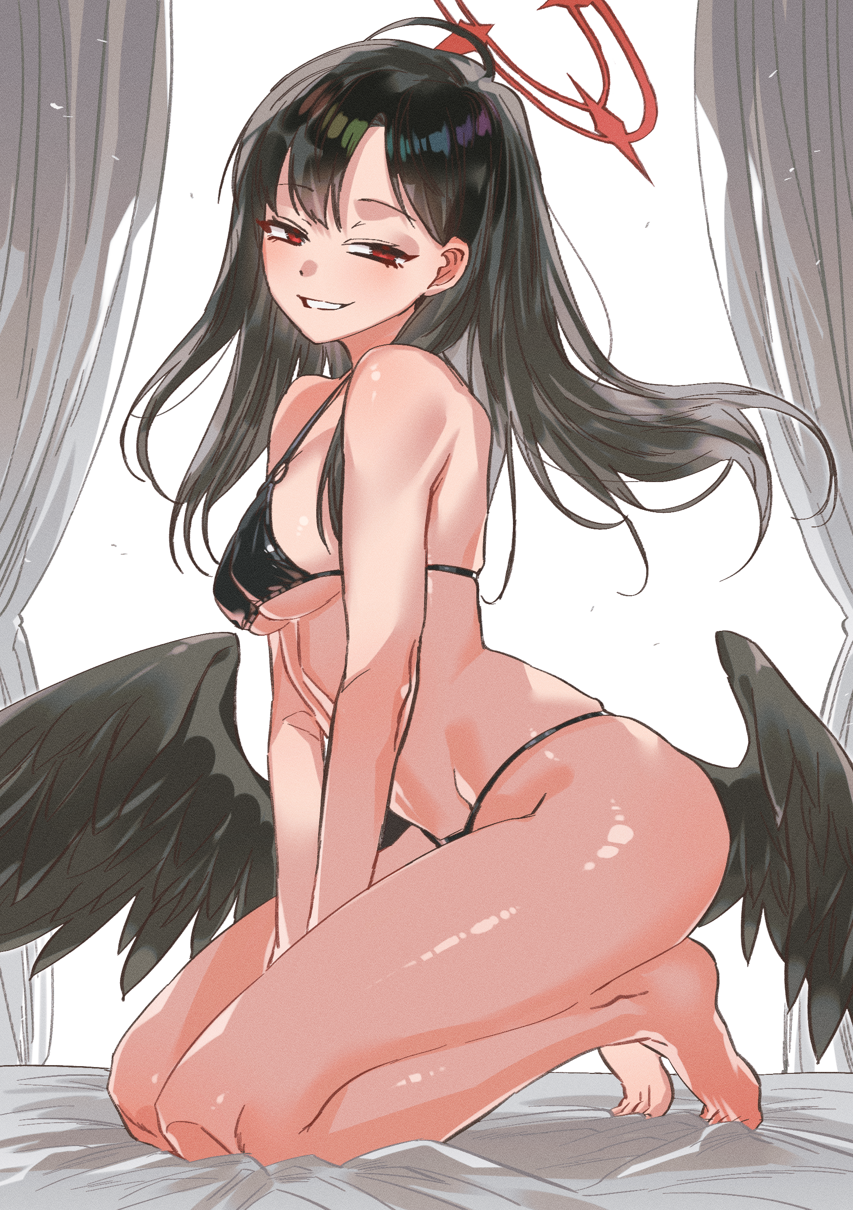 ichika (blue archive), ichika (swimsuit) (blue archive), blue archive, absurdres, highres, 1girl, bare shoulders, bikini, black bikini, black hair, black wings, breasts, feathered wings, grin, halo, kneeling, long hair, looking at viewer, low wings, medium breasts, namaniku (user nxxf7457), navel, red eyes, red halo, smile, solo, swimsuit, thighs, wings