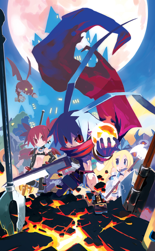 harada takehito, etna (disgaea), flonne, laharl, disgaea, nippon ichi, 1boy, 2girls, bat wings, blonde hair, blue eyes, boots, castle, choker, crack, elbow gloves, flat chest, full moon, gloves, hand on own hip, lava, long hair, looking at viewer, monster, moon, multiple girls, orb, outstretched hand, red eyes, red hair, scarf, shorts, sky, slit pupils, smirk, staff, sword, topless female, twintails, very long hair, weapon, wings