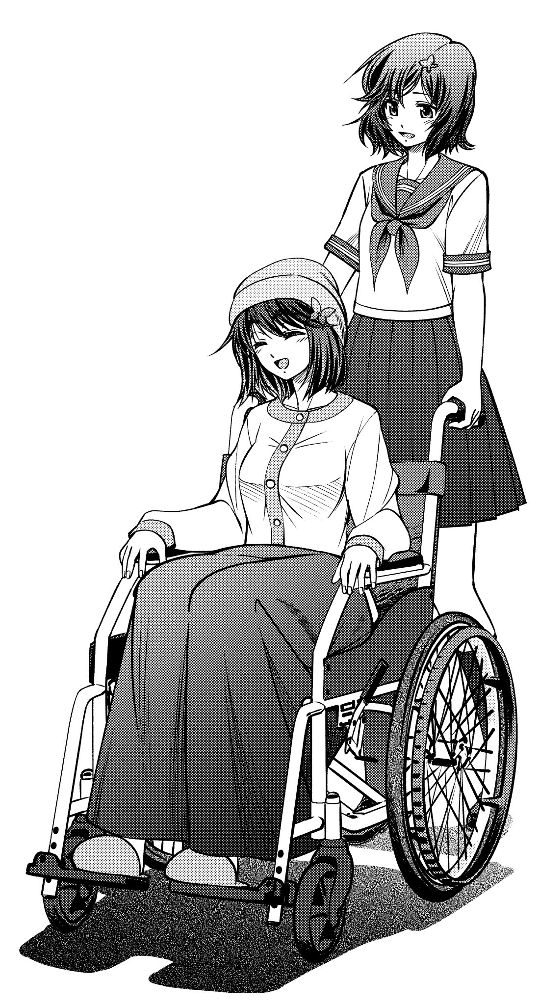 eibon, shiina mayuri, urushibara luka, science adventure, steins;gate, steins;gate 0, highres, 1boy, 1girl, beanie, blouse, breasts, butterfly hair ornament, crossdressing, crossdressing (mtf), fingernails, greyscale, hair ornament, hat, head tilt, large breasts, light blush, long hair, long sleeves, miniskirt, monochrome, open mouth, pleated skirt, school uniform, serafuku, shirt, short hair, simple background, sitting, skirt, slippers, smile, tongue, trap, wheelchair, white background