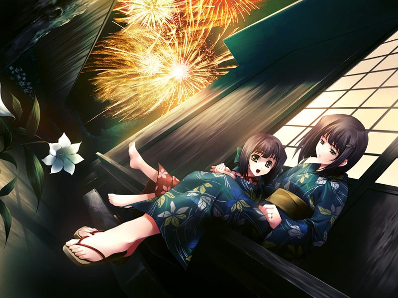 sugina miki, hatsune (cartagra), cartagra, game cg, non-web source, 2girls, aerial fireworks, age difference, barefoot, black hair, bow, dutch angle, feet, fireworks, flower, hair bow, hair ornament, hairclip, happy, holding hands, japanese clothes, jewelry, kimono, mother and daughter, multiple girls, ribbon, ring, sandals, short hair, sitting, toes, veranda, wedding band, yellow eyes