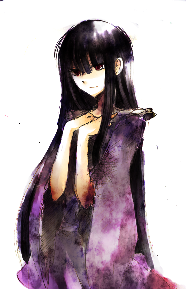 abaraya, mizutsuki, houraisan kaguya, touhou, bad id, bad pixiv id, 1girl, black hair, blunt bangs, female focus, hands on own chest, light smile, long hair, looking afar, red eyes, simple background, solo, very long hair, wide sleeves