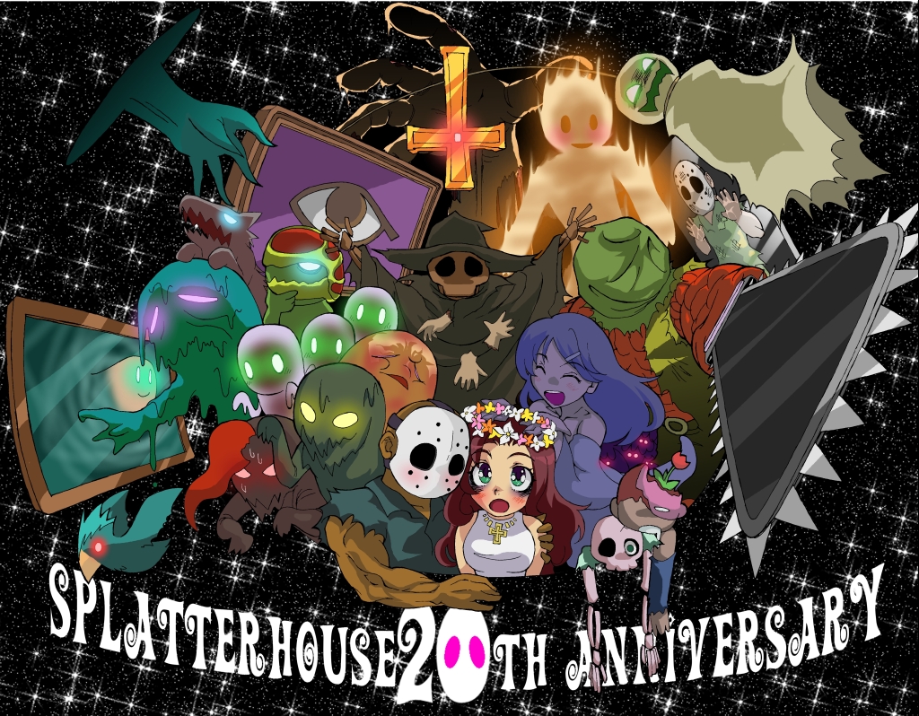 bonus-kun (artist), biggy man, jennifer, jennifer willis, rick, rick taylor, namco, splatterhouse, 1boy, 2girls, ^ ^, bald, bird, blush, brown hair, chainsaw, closed eyes, copyright name, couple, cross, cross necklace, dark-skinned male, dark skin, dress, english text, flower, ghost, green eyes, happy, hat, hetero, inverted cross, jewelry, long hair, mask, monster, multiple girls, necklace, open mouth, skeleton, smile, veil, wedding, wedding dress, witch hat