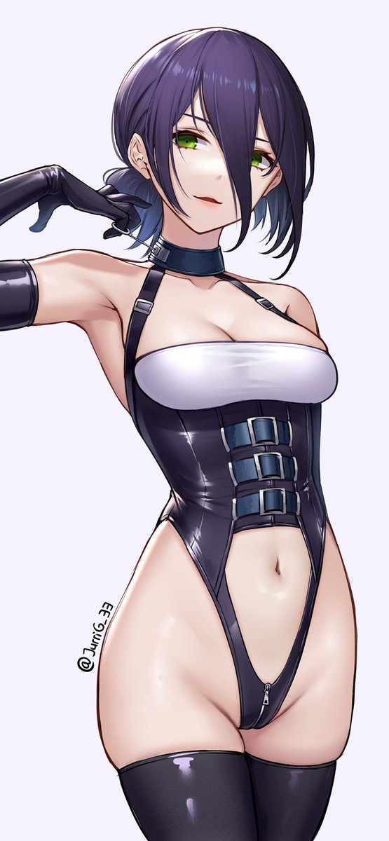 jurrig, reze (chainsaw man), chainsaw man, highres, 1girl, arm behind back, armpits, black choker, black gloves, breasts, choker, cleavage, closed mouth, clothing cutout, collarbone, cow, crotch zipper, elbow gloves, gloves, green eyes, hair between eyes, hand up, highleg, highleg leotard, leotard, lips, long bangs, looking at viewer, medium breasts, navel, purple hair, signature, simple background, sleeveless, solo, stomach cutout, thighhighs, thighs, white background, zipper
