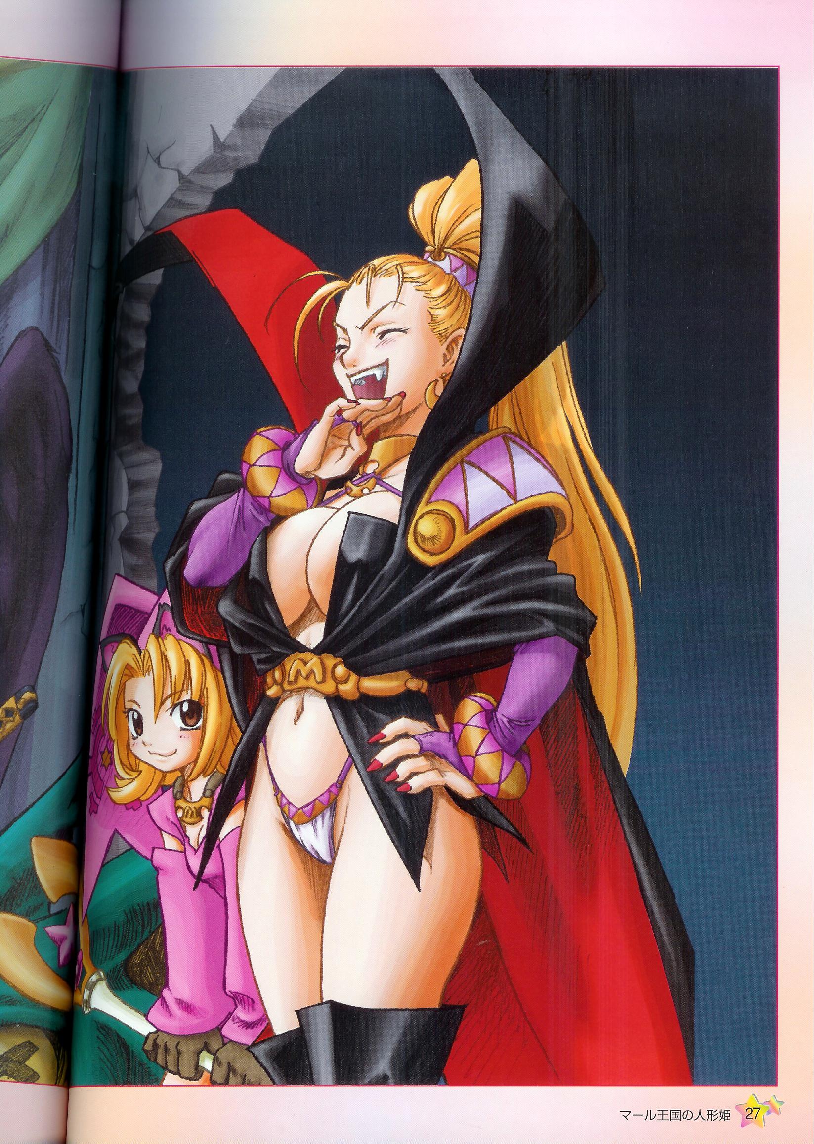 ryoji (nomura ryouji), marjoly, myao (marl kingdom), marl kingdom, nippon ichi, puppet princess (marl kingdom), black legwear, highres, 2girls, :d, bikini, blonde hair, boots, border, breasts, bridal gauntlets, cape, cleavage, copyright name, cowboy shot, dress, fangs, gloves, hand on own hip, high ponytail, highleg, highleg bikini, indoors, large breasts, laughing, leaning forward, long hair, long sleeves, looking at viewer, multiple girls, nail polish, navel, no bra, open mouth, page number, pink dress, ponytail, red nails, revealing clothes, small breasts, smile, staff, standing, stomach, swimsuit, thigh boots, thighhighs, very long hair, white bikini, witch