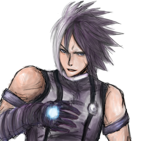 nameless, nameless (kof), snk, the king of fighters, lowres, 1boy, armlet, black gloves, black hair, gloves, jewelry, looking at viewer, male focus, multicolored hair, simple background, sleeveless, solo, split-color hair, two-tone hair, vest, white background, white hair