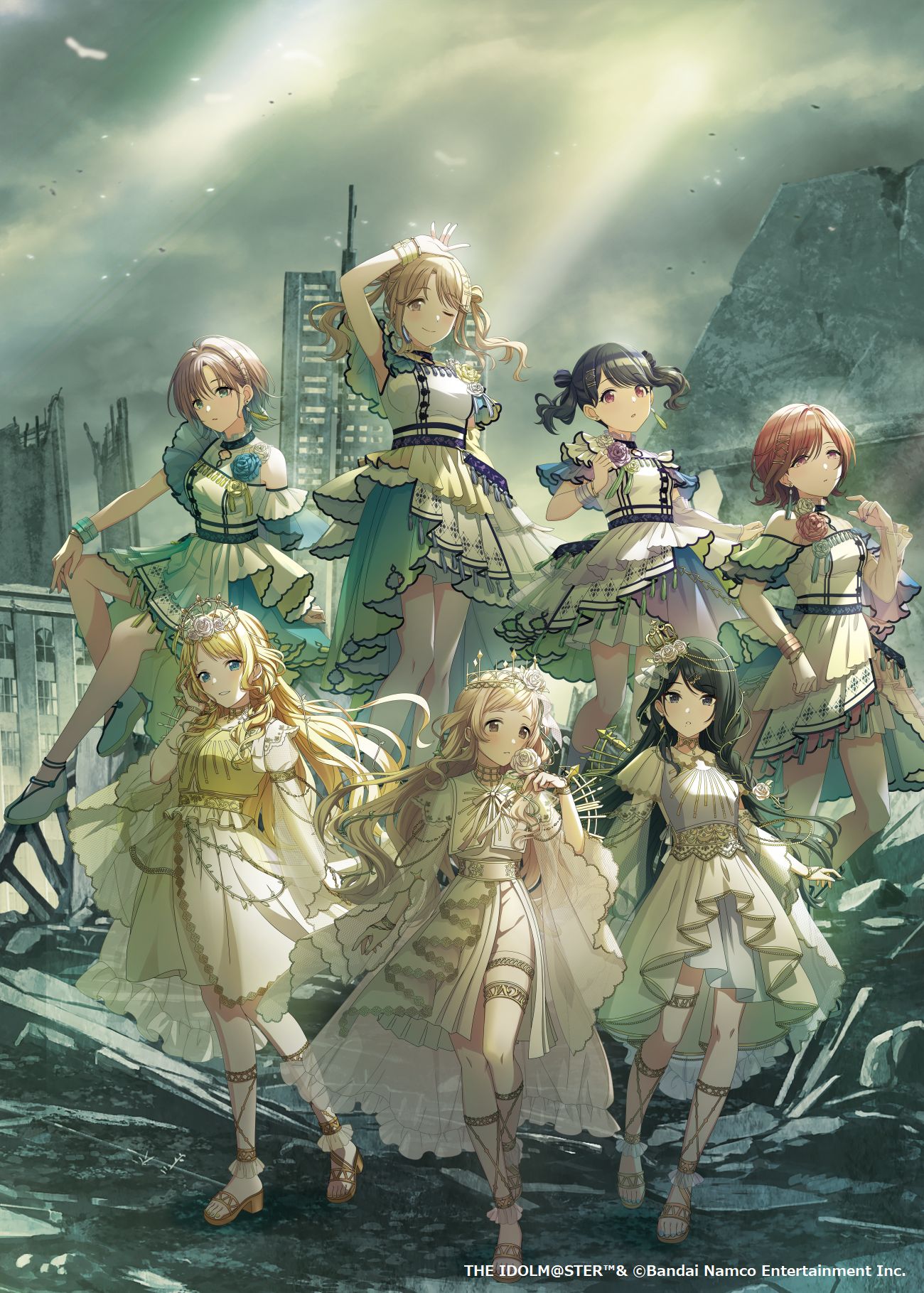 asakura toru, fukumaru koito, hachimiya meguru, higuchi madoka, ichikawa hinana, kazano hiori, noctchill (idolmaster), sakuragi mano, idolmaster, idolmaster shiny colors, highres, official art, 6+girls, bare shoulders, bird, black hair, blue eyes, crown, dress, earrings, illumination stars (idolmaster), jewelry, multicolored hair, multiple girls, open mouth, ruins, short hair, sitting, smile, standing, twintails, white bird