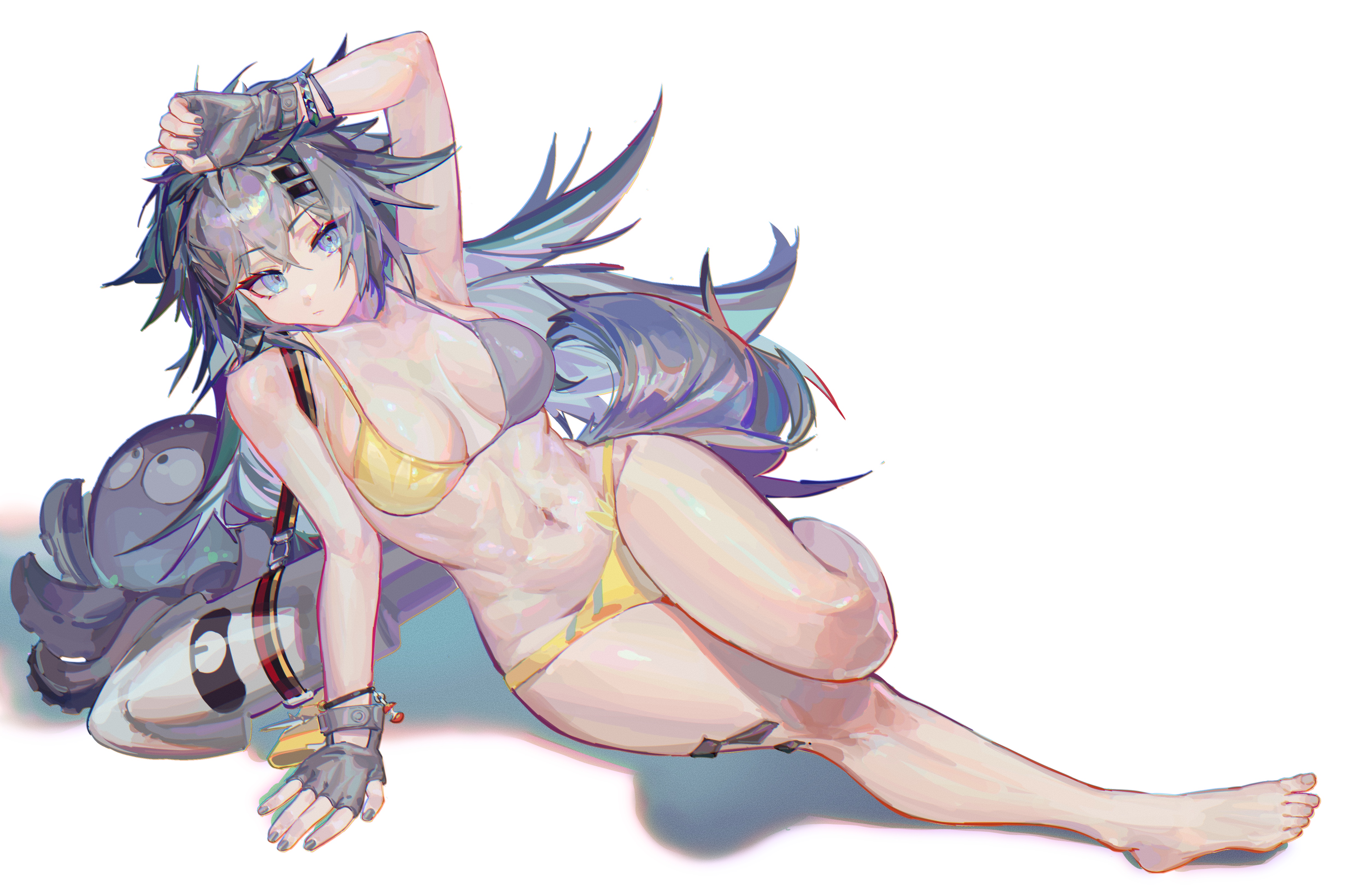 jian jia, lappland (arknights), arknights, absurdres, highres, 1girl, barefoot, bikini, breasts, fingerless gloves, full body, gloves, grey eyes, grey hair, grey nails, large breasts, long hair, navel, simple background, solo, swimsuit, tail, white background, wolf tail, yellow bikini