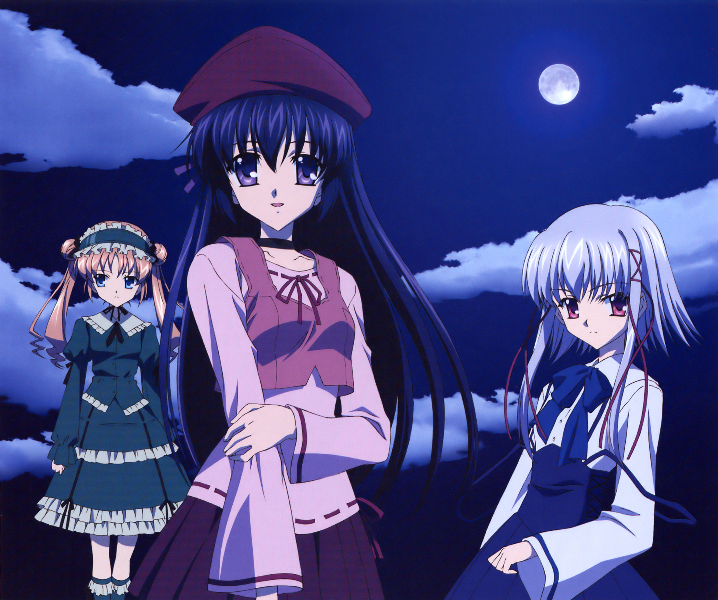 koga makoto, kamikawa mayuko, morimiya aono, shihou matsuri, sola, highres, non-web source, 00s, 3girls, black hair, blonde hair, blue eyes, bow, casual, choker, dress, hairband, hat, headband, long hair, moon, multiple girls, night, purple eyes, red eyes, ribbon, short hair, skirt, twintails, very long hair, white hair