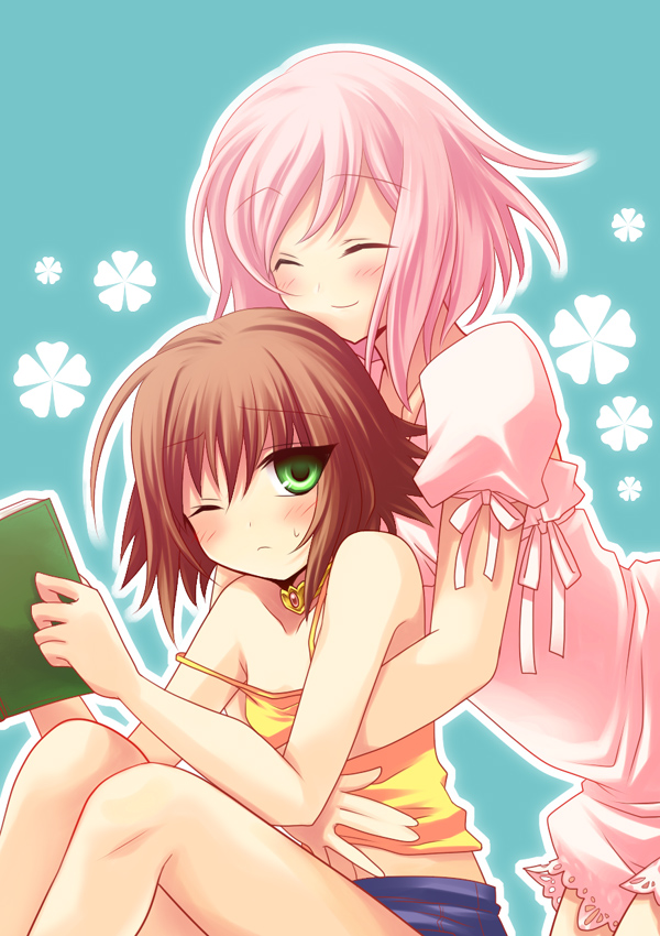 miyu (matsunohara), estellise sidos heurassein, rita mordio, tales of (series), tales of vesperia, 00s, 2girls, blue background, blush, book, brown hair, camisole, choker, green eyes, hug, multiple girls, official alternate costume, pink hair, short hair, smile, yuri