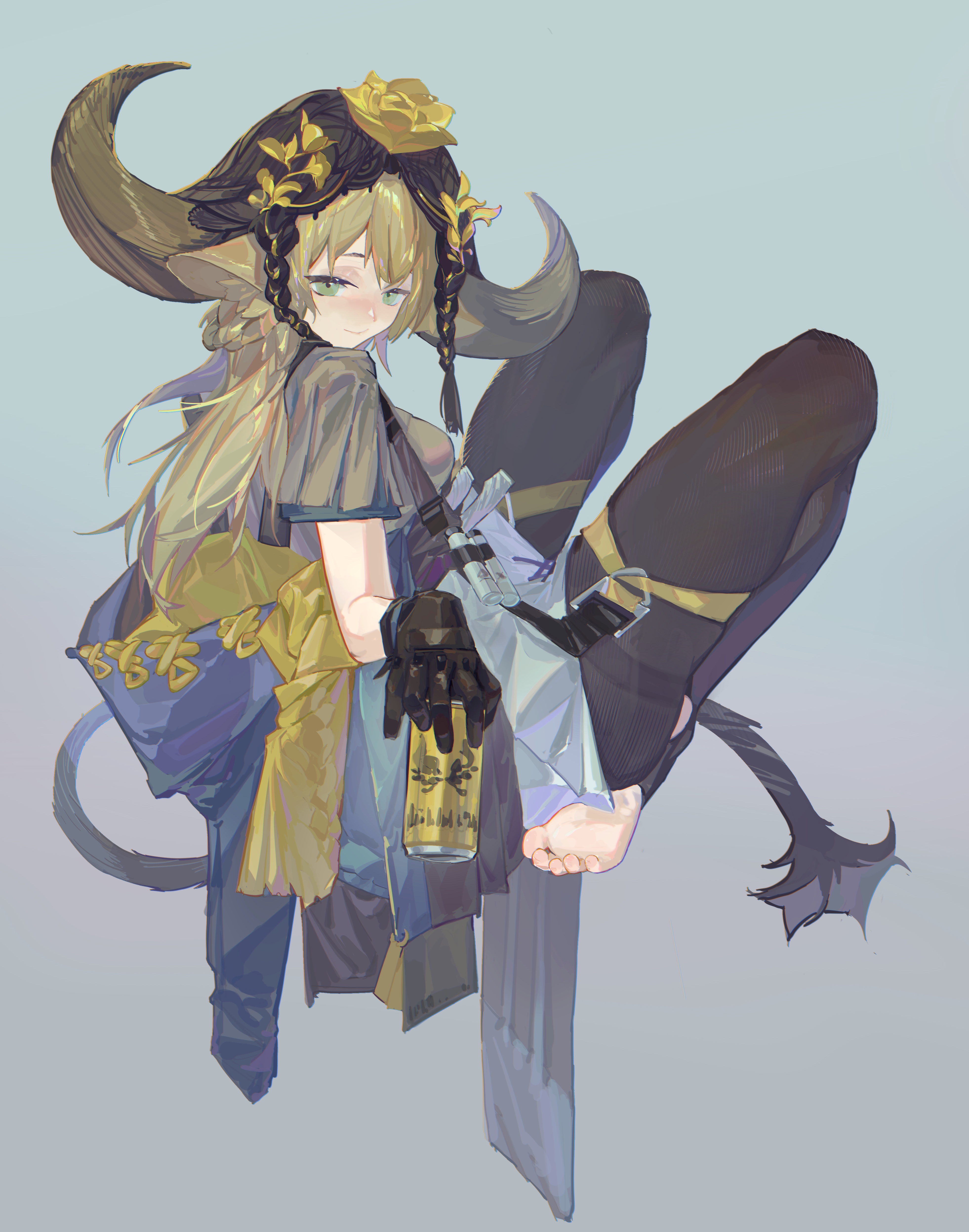 jian jia, pallas (a drip of orea and potamous) (arknights), pallas (arknights), arknights, absurdres, highres, 1girl, animal ears, black gloves, black pantyhose, breasts, can, cow ears, cow horns, cow tail, flower, gloves, green eyes, holding, holding can, horns, long hair, medium breasts, no shoes, pantyhose, short sleeves, simple background, solo, tail, toeless legwear, yellow flower