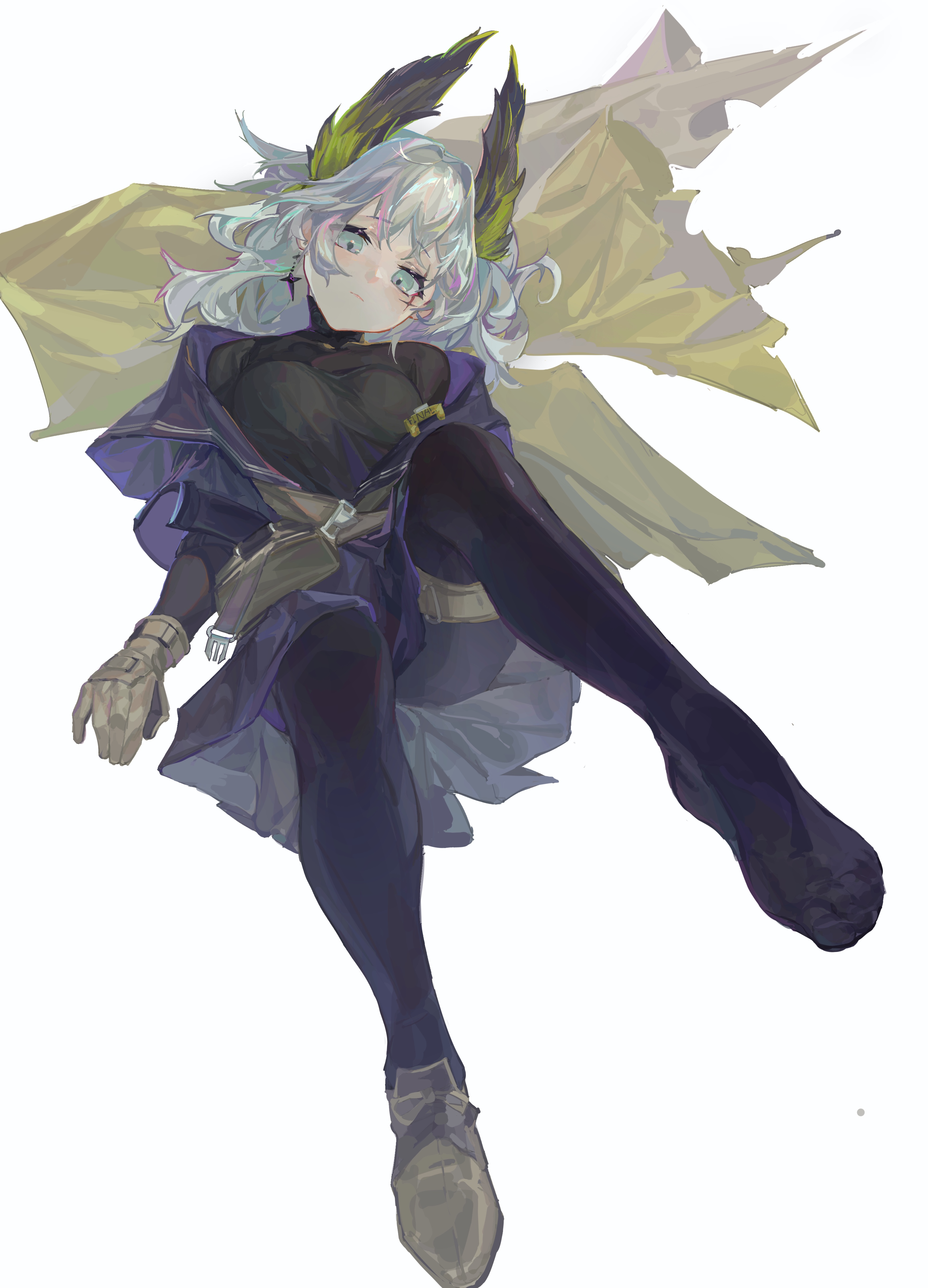 jian jia, irene (arknights), irene (the adjudicatrix and her resolve) (arknights), arknights, absurdres, highres, 1girl, black pantyhose, breasts, brown gloves, brown shoes, earrings, full body, gloves, grey eyes, grey hair, jacket, jewelry, medium breasts, no shoes, off shoulder, open clothes, open jacket, pantyhose, shoes, simple background, single shoe, solo, sweater, turtleneck, turtleneck sweater, white background
