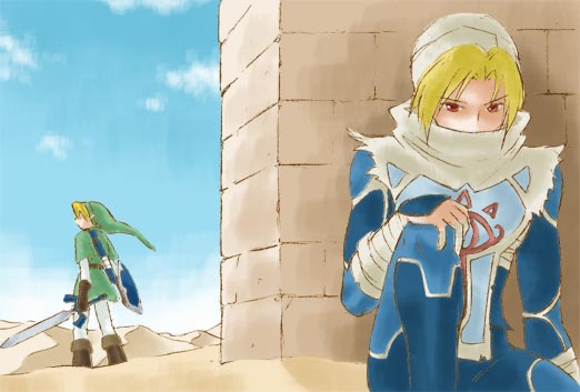 link, sheik, nintendo, the legend of zelda, the legend of zelda: ocarina of time, 1boy, 1girl, against wall, androgynous, bandages, blonde hair, boots, gauntlets, gloves, hat, hiding, holding, holding sword, holding weapon, hylian shield, mask, master sword, ninja, pointy ears, red eyes, reverse trap, sand, scarf, shield, surcoat, sword, weapon