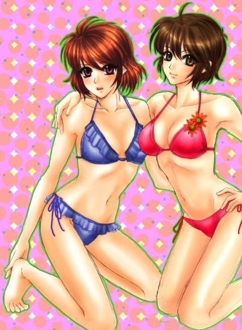 nori (yotaji), ibis douglas, shouko azuma, banpresto, super robot wars, bad id, bad pixiv id, bikini, blue bikini, brown hair, flower, navel, red bikini, short hair, side-tie bikini bottom, string bikini, swimsuit