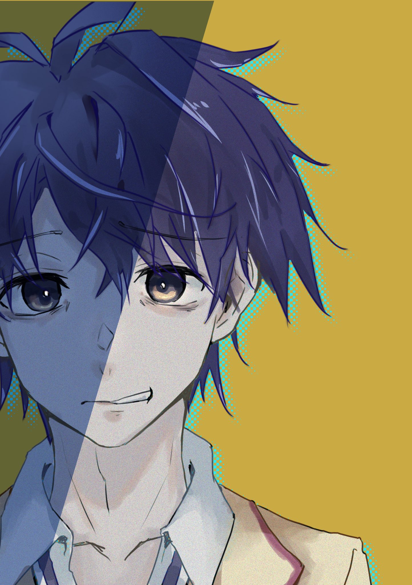 nishijou takumi, chaos;head, science adventure, highres, 1boy, blue hair, cheren r, clenched teeth, collarbone, collared shirt, hair between eyes, looking at viewer, loose necktie, male focus, necktie, nervous smile, open collar, partially shaded face, portrait, school uniform, shirt, short hair, simple background, smile, solo, suimei academy school uniform, teeth, upper body, white shirt, yellow background