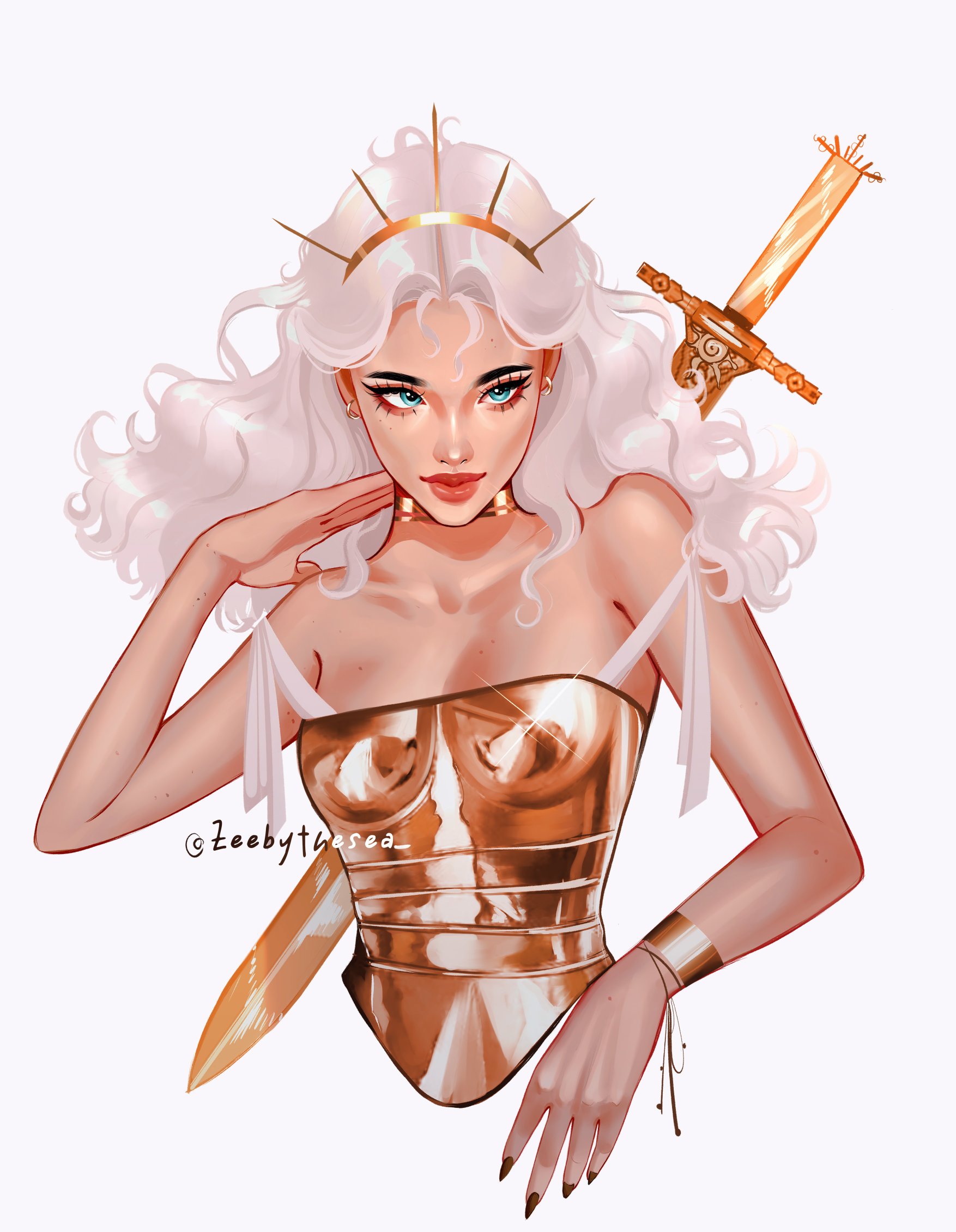 zeebythesea, original, gold armlet, highres, 1girl, aqua eyes, armor, breasts, brown nails, cropped torso, double strap slip, earrings, eyelashes, fingernails, forehead, gold armor, gold choker, gold earrings, gold hairband, hairband, hand on own neck, head down, jewelry, long fingernails, long hair, looking to the side, mole, mole on arm, mole on breast, mole on hand, multiple moles, nail polish, off shoulder, parted bangs, spiked hairband, spikes, sword, sword on back, thick eyebrows, thick lips, twitter username, upper body, wavy hair, weapon, weapon on back, white hair