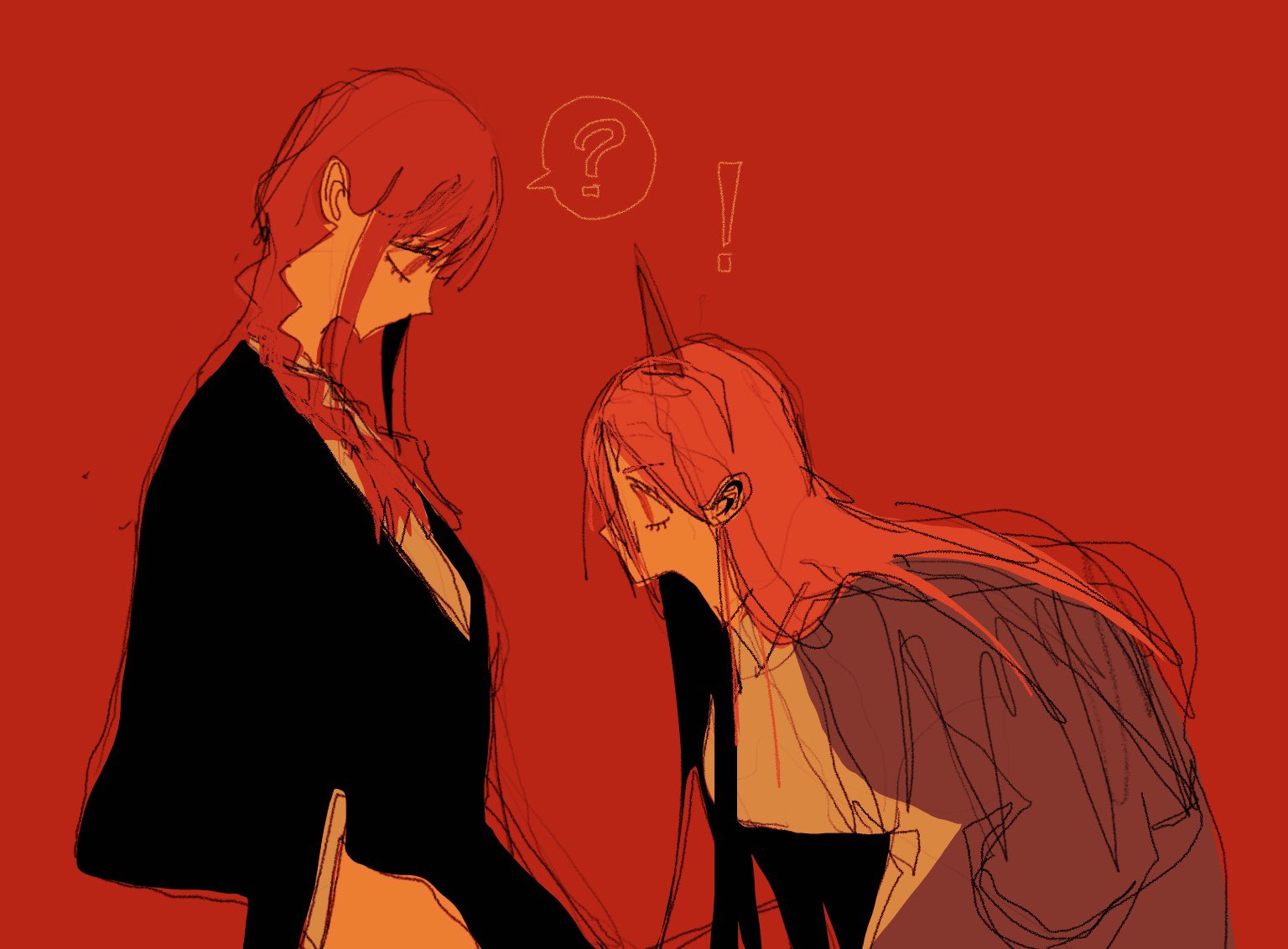 makima (chainsaw man), power (chainsaw man), chainsaw man, !, 2girls, ?, black suit, blonde hair, braid, braided ponytail, demon horns, formal clothes, hair over shoulder, horns, leaning forward, long hair, looking at another, looking at breasts, looking down, multiple girls, red background, red hair, simple background, sketch, suit, upper body
