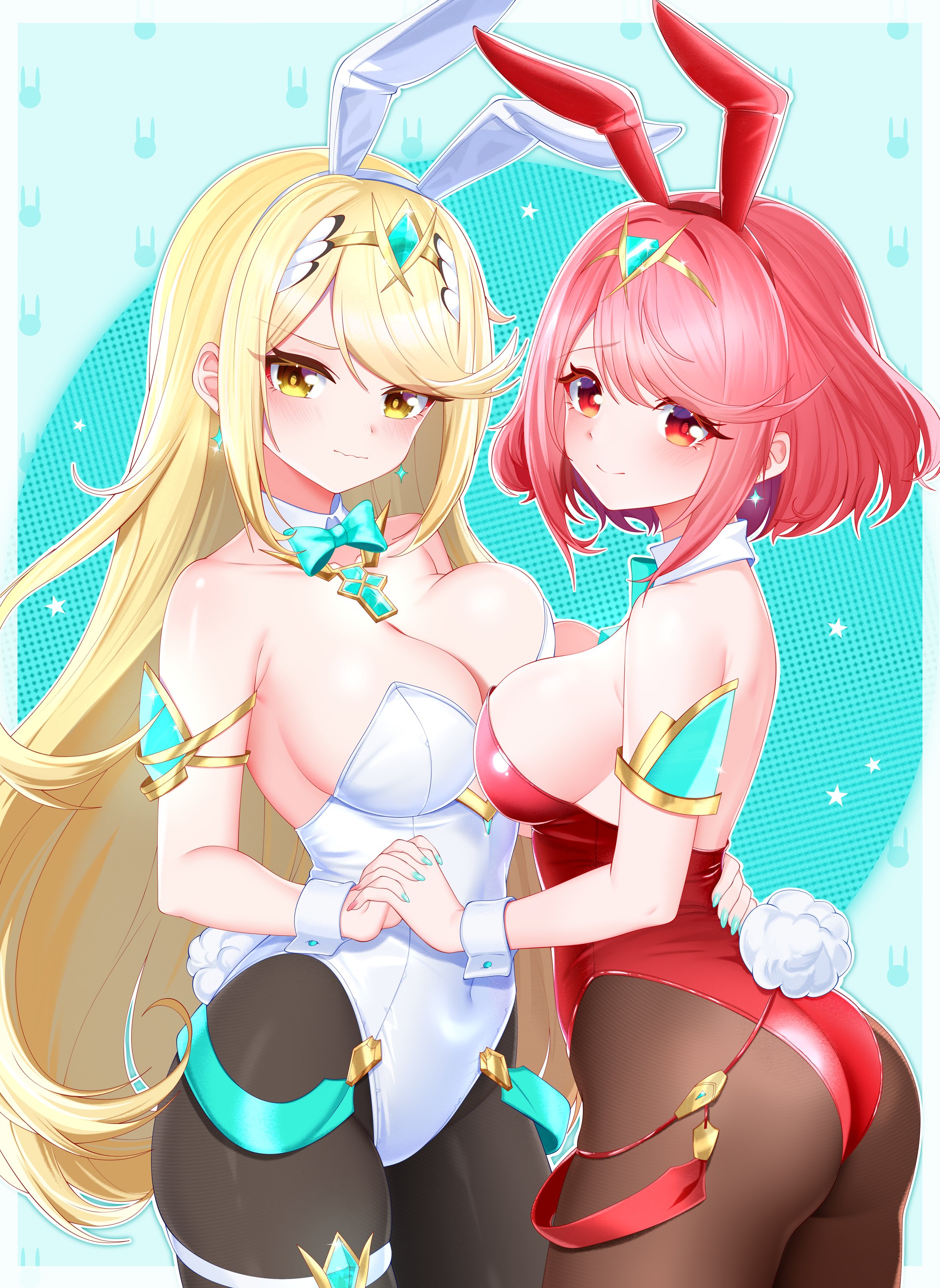 felixkohai, mythra (xenoblade), pyra (xenoblade), xenoblade chronicles (series), xenoblade chronicles 2, absurdres, highres, 2girls, animal ears, ass, backless outfit, bare shoulders, blonde hair, blue background, blush, bob cut, breasts, chest jewel, core crystal (xenoblade), cowboy shot, earrings, fake animal ears, fake tail, jewelry, large breasts, leotard, long hair, multiple girls, nervous smile, playboy bunny, rabbit ears, rabbit tail, raised eyebrows, red eyes, red hair, red leotard, short hair, simple background, smile, strapless, strapless leotard, swept bangs, tail, tiara, white background, white leotard, yellow eyes