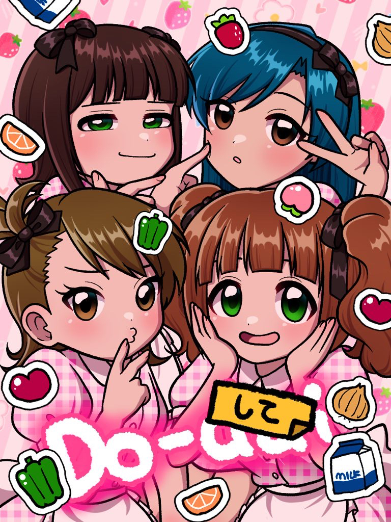 amami haruka, futami ami, kisaragi chihaya, takatsuki yayoi, idolmaster, idolmaster (classic), 4girls, apron, bell pepper, black bow, black hairband, blue hair, bow, brown eyes, brown hair, checkered clothes, checkered dress, cheek poking, closed mouth, do-dai (idolmaster), dress, food, fruit, green bell pepper, green eyes, hair bow, hairband, hands on own cheeks, hands on own face, long hair, looking at viewer, milk carton, multiple girls, multiple hair bows, okazuhamburg, onion, open mouth, orange (fruit), orange slice, poking, puffy short sleeves, puffy sleeves, short hair, short sleeves, side ponytail, smile, sticker, strawberry, twintails, v, waist apron