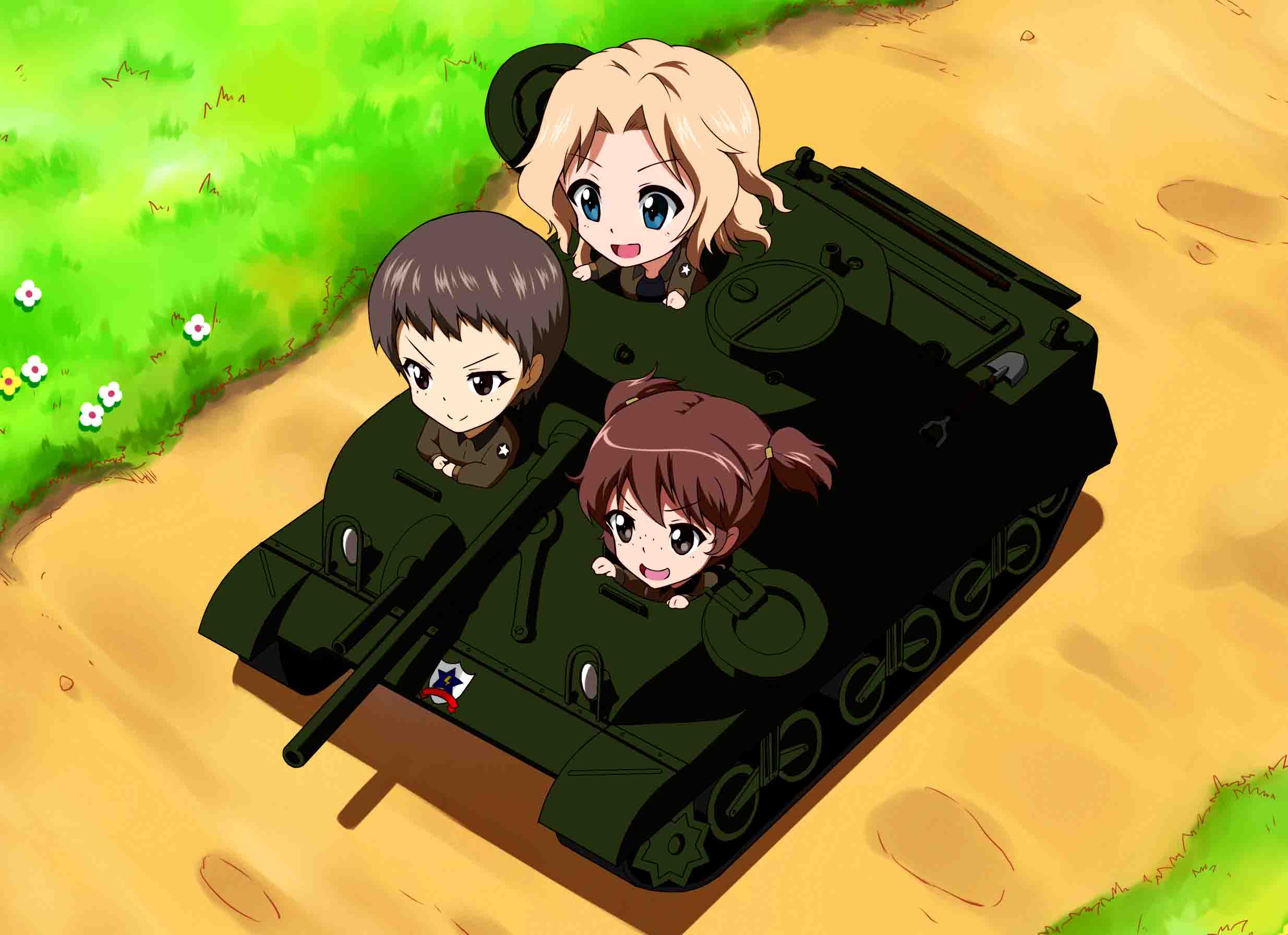 youmou usagi, alisa (girls und panzer), kay (girls und panzer), m4 sherman, naomi (girls und panzer), girls und panzer, highres, 3girls, blonde hair, blue eyes, breasts, brown eyes, brown hair, brown jacket, closed mouth, enter enter mission!, freckles, hair intakes, jacket, long hair, long sleeves, military, military uniform, military vehicle, motor vehicle, multiple girls, navel, open clothes, open hatch, open jacket, open mouth, saunders military uniform, shirt, short hair, short twintails, smile, tank, twintails, very short hair