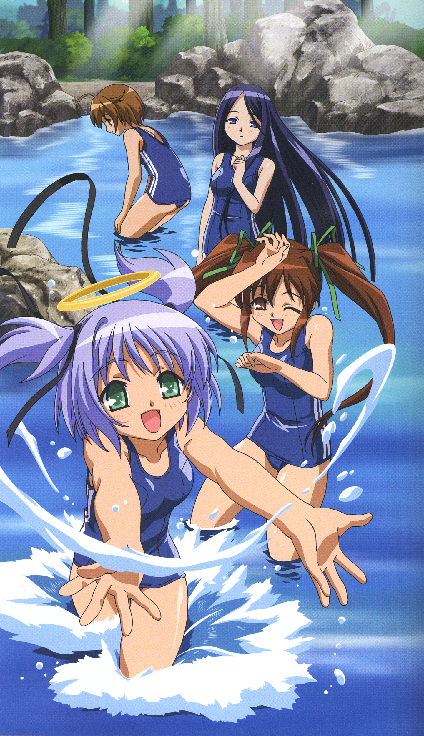 minagami shizuki, minakami shizuki, mitsukai dokuro, bokusatsu tenshi dokuro-chan, absurdres, highres, non-web source, 00s, 4girls, black hair, blue eyes, brown eyes, brown hair, green eyes, halo, long hair, minami-san, multiple girls, one-piece swimsuit, one eye closed, purple hair, ribbon, school swimsuit, short hair, swimsuit, traditional halo, twintails, very long hair, water, wink
