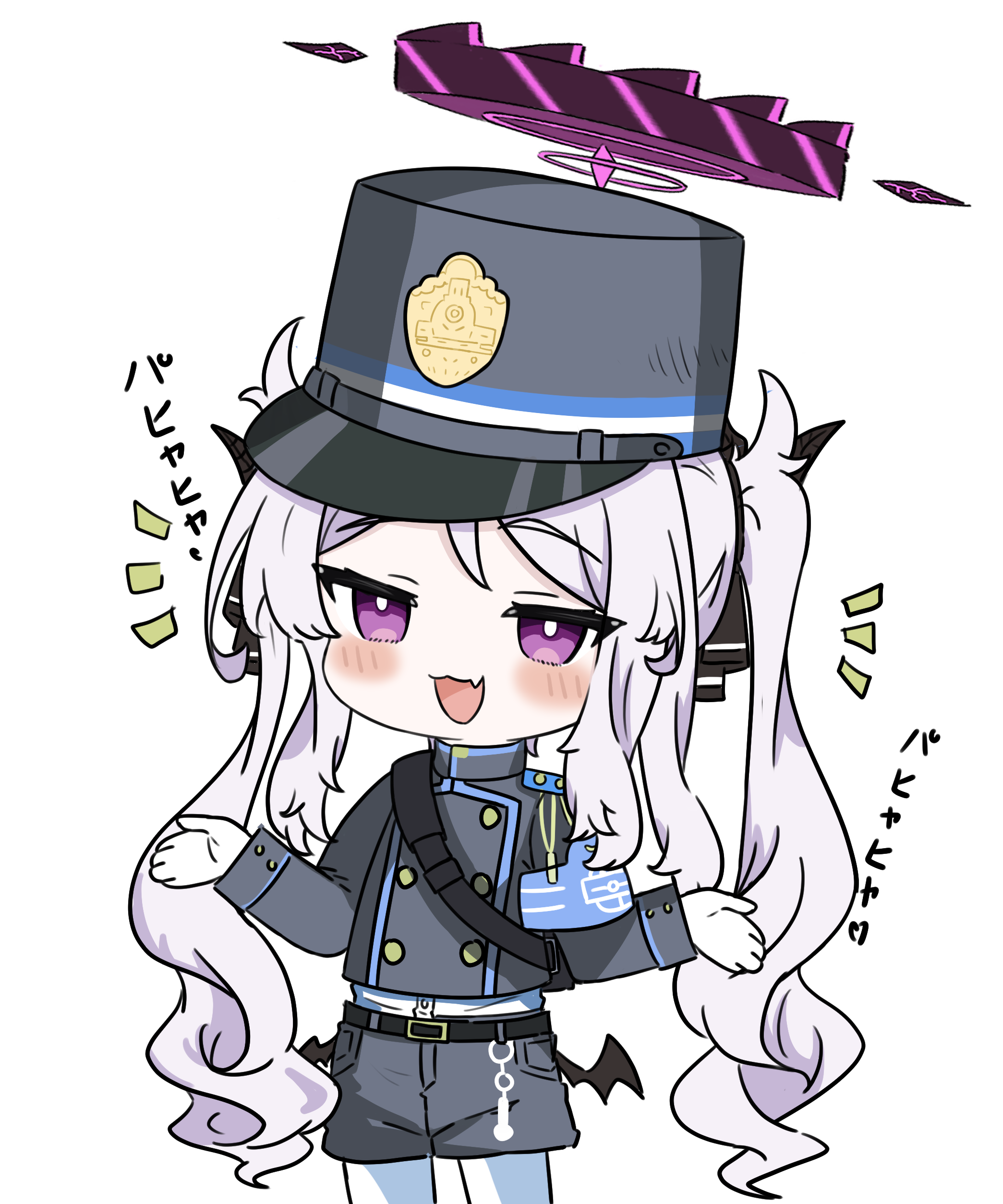 e v e neko, hina (blue archive), nozomi (blue archive), blue archive, absurdres, commentary request, highres, translation request, 1girl, :3, armband, black hat, black horns, black jacket, black shorts, blue armband, blush, cosplay, cropped jacket, deformed, fang, gloves, grey hair, halo, hat, horns, jacket, long hair, long sleeves, notice lines, nozomi (blue archive) (cosplay), open mouth, pantyhose, pantyhose under shorts, peaked cap, purple eyes, purple halo, shirt, short shorts, shorts, simple background, skin fang, solo, twintails, very long hair, white background, white gloves, white pantyhose, white shirt, wings