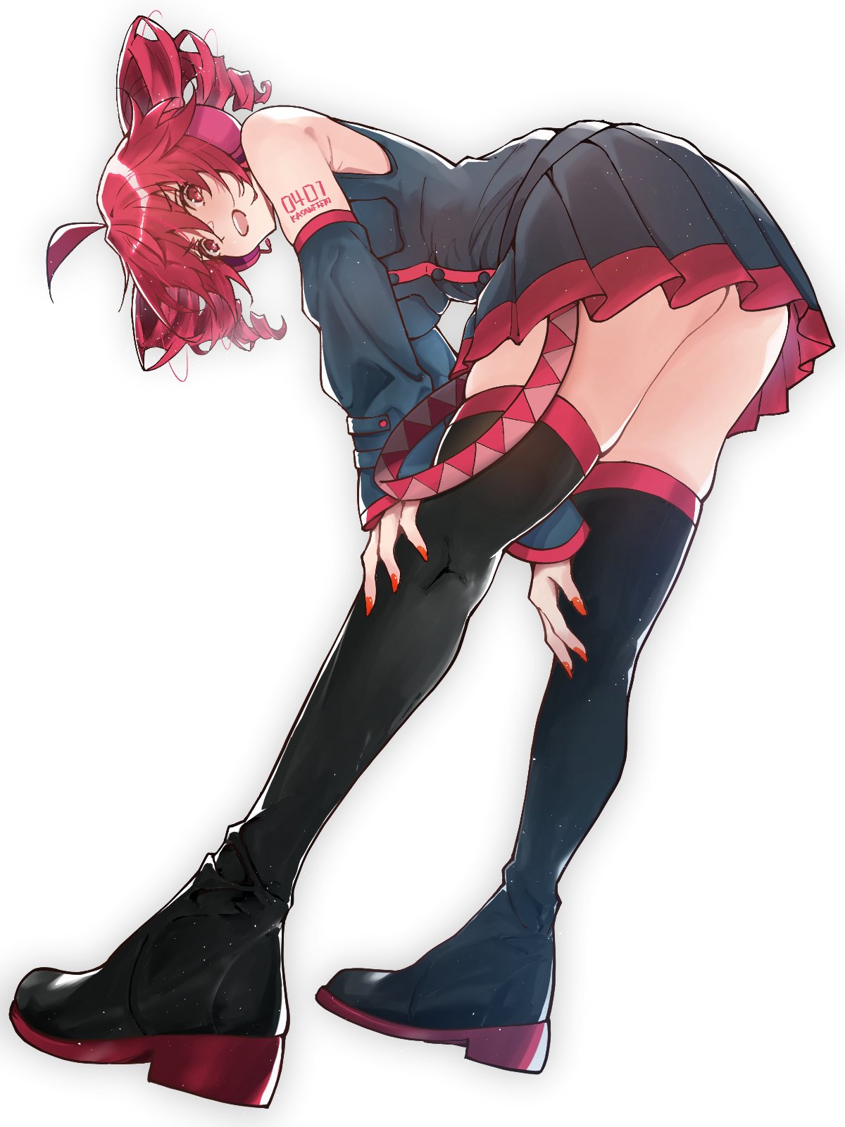 michihirogswr, kasane teto, kasane teto (utau), utau, highres, 1girl, ahoge, arm tattoo, bare shoulders, bent over, black boots, black shirt, black skirt, black sleeves, boots, bowing, breast pocket, detached sleeves, double-parted bangs, drill hair, fingernails, full body, hair between eyes, hands on own knees, looking at viewer, miniskirt, nail polish, number tattoo, open mouth, pleated skirt, pocket, red eyes, red hair, red nails, red trim, shirt, shoulder tattoo, simple background, skirt, sleeveless, sleeveless shirt, smile, solo, standing, tattoo, teeth, thigh boots, thighhighs, twin drills, upper teeth only, white background, zettai ryouiki
