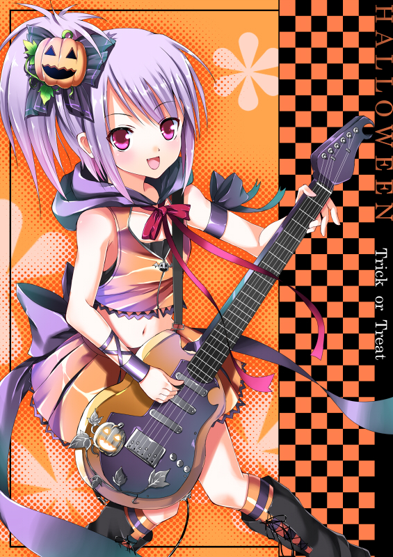 koi (koisan), original, bad id, bad pixiv id, 1girl, electric guitar, fang, female focus, food-themed hair ornament, guitar, hair ornament, halftone, halftone outline, halloween, instrument, jack-o'-lantern, long hair, midriff, navel, outline, pink eyes, ponytail, pumpkin, pumpkin hair ornament, purple hair, ribbon, solo, trick or treat