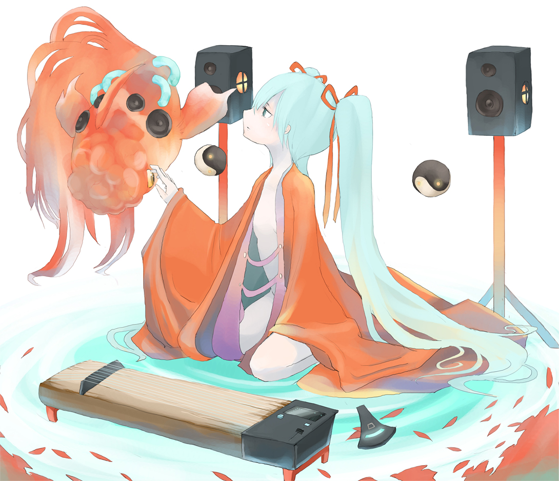 tansuke, hatsune miku, vocaloid, aqua hair, fish, goldfish, instrument, koto (instrument), long hair, naked robe, open clothes, robe, sitting, solo, speaker, twintails