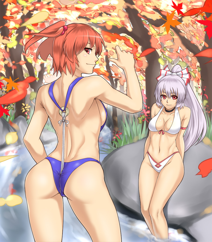 houtengeki, fujiwara no mokou, onozuka komachi, touhou, 2girls, ass, autumn, autumn leaves, back, bare back, bikini, breasts, coin, female focus, hou takashi ji, leaf, long hair, looking back, midriff, multiple girls, navel, outdoors, red eyes, river, short hair, sideboob, slingshot swimsuit, swimsuit, toned, toned female, water
