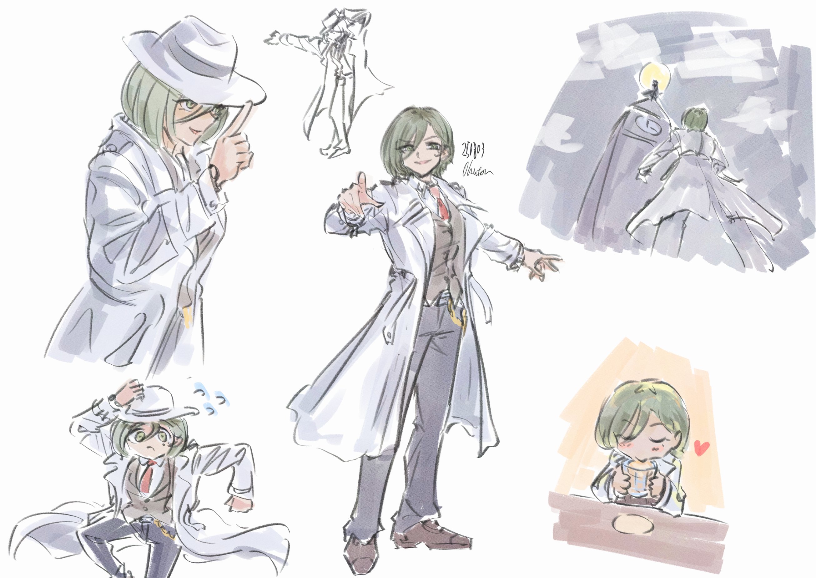 tomare (akashingou), rupa (girls band cry), girls band cry, commentary, highres, parody request, 1girl, coat, cup, grey eyes, grey hair, grey vest, hair between eyes, hat, heart, holding, holding cup, long hair between eyes, mug, multicolored hair, multiple views, open clothes, open coat, roots (hair), short hair, vest, white coat, white hat
