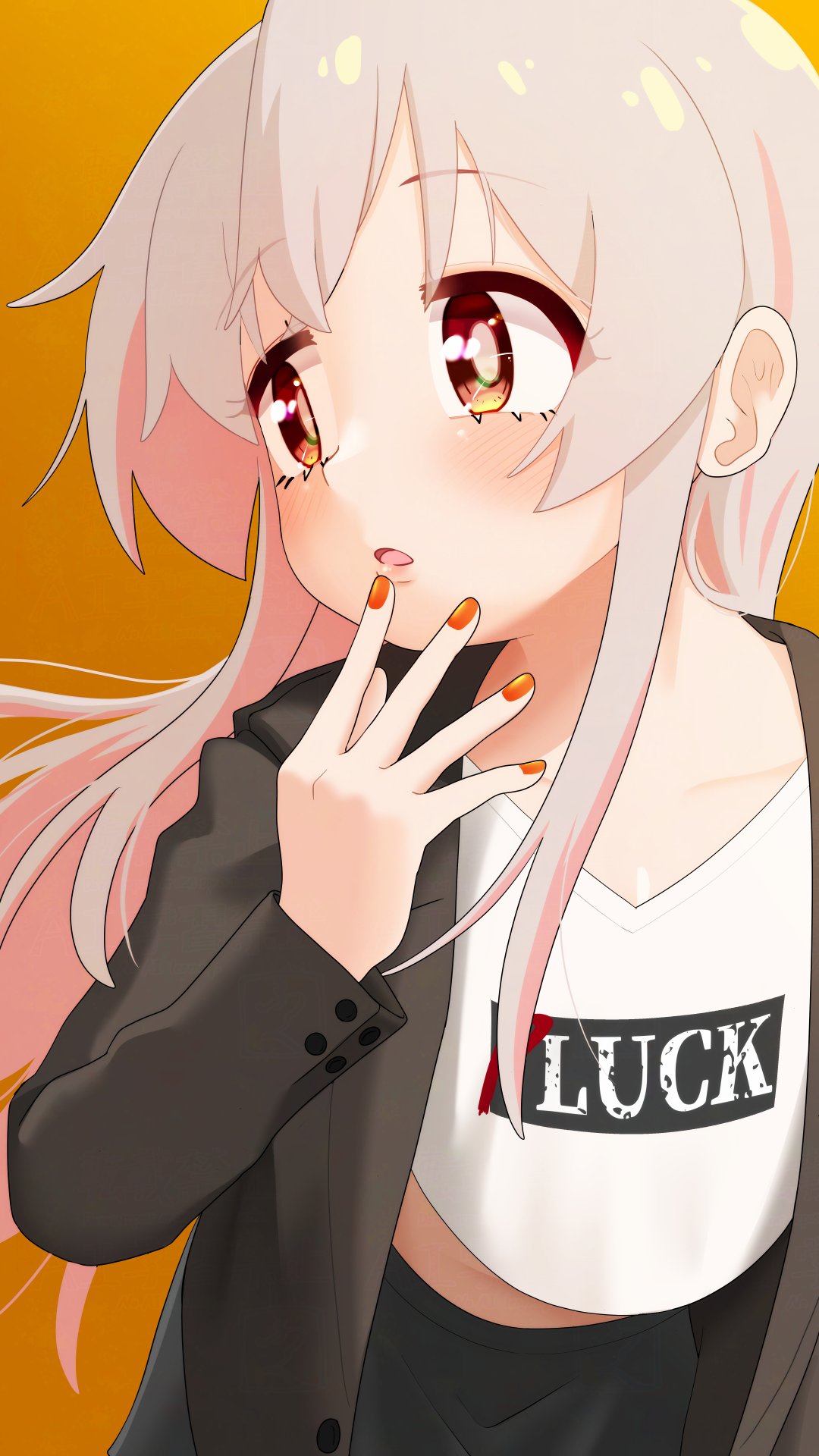happyundergate, oyama mahiro, onii-chan wa oshimai!, commentary, highres, 1girl, alternate costume, black jacket, black skirt, brown eyes, clothes writing, collarbone, colored inner hair, grey hair, hand to own mouth, jacket, light blush, long hair, long sleeves, looking to the side, luck and pluck, midriff peek, multicolored hair, nail polish, open clothes, open jacket, open mouth, orange background, orange nails, pink hair, shirt, simple background, skirt, solo, two-tone hair, upper body, white shirt