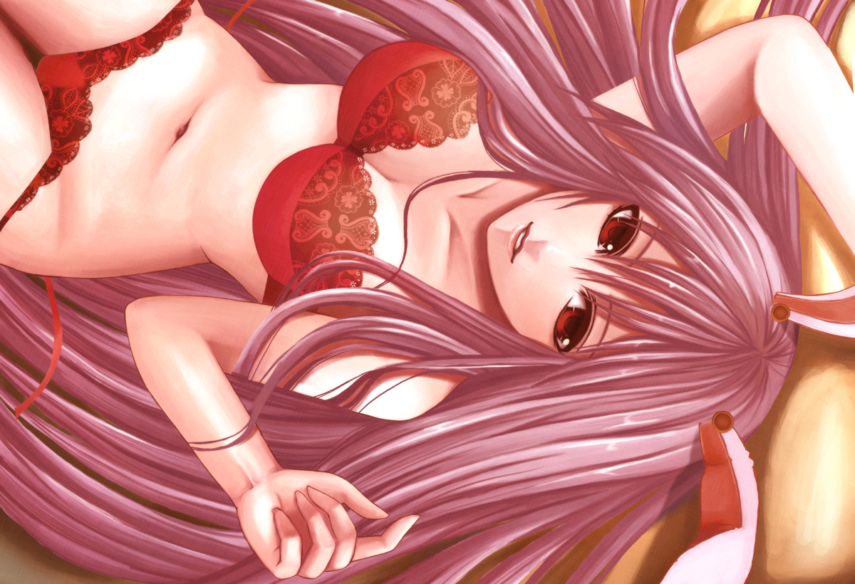 nonoko, yuuka nonoko, reisen udongein inaba, touhou, bad id, bad pixiv id, 1girl, animal ears, bra, breasts, cleavage, collarbone, female focus, from above, groin, lace, lace-trimmed bra, lace-trimmed panties, lace trim, lingerie, long hair, lying, medium breasts, navel, on back, panties, parted lips, pink hair, print bra, print panties, rabbit ears, red eyes, side-tie panties, solo, underwear, underwear only, very long hair