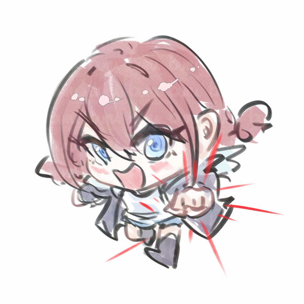 tomare (akashingou), iseri nina, girls band cry, commentary, 1girl, blue eyes, blush, brown hair, chibi, chibi only, hair between eyes, open mouth, shirt, short hair, short twintails, solo, twintails, white shirt