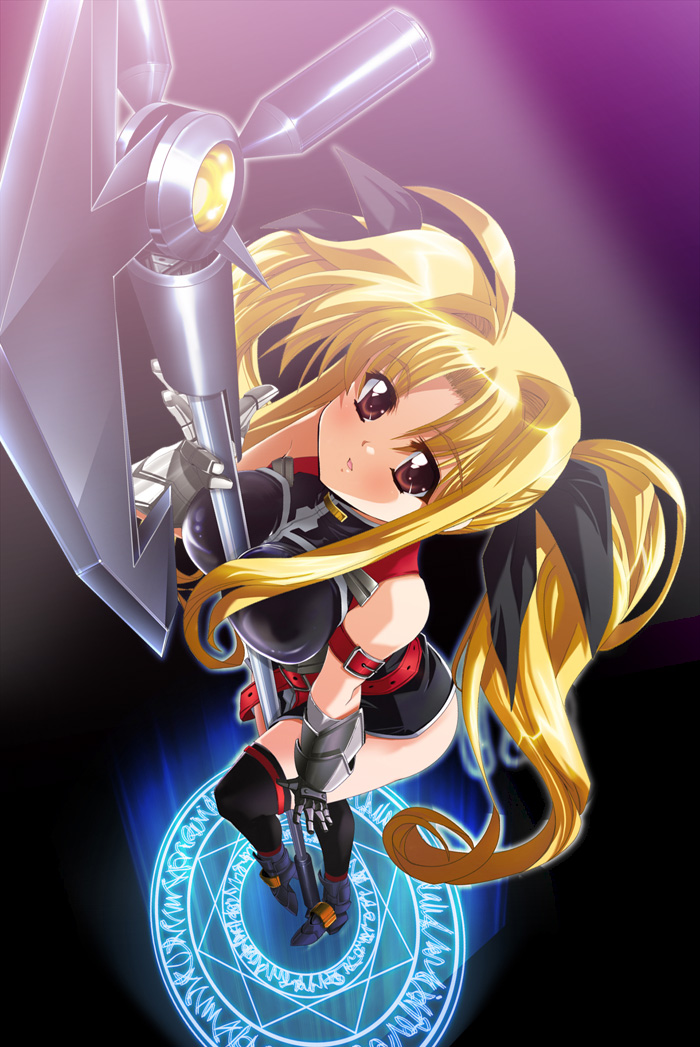 tnonizyou, bardiche (assault form) (nanoha), bardiche (nanoha), fate testarossa, fate testarossa (true sonic form), lyrical nanoha, mahou shoujo lyrical nanoha, mahou shoujo lyrical nanoha strikers, 00s, 1girl, belt, between breasts, blonde hair, breasts, female focus, foreshortening, from above, gloves, long hair, looking up, magic circle, medium breasts, octagram, perspective, red eyes, ribbon, solo, thighhighs, twintails, very long hair
