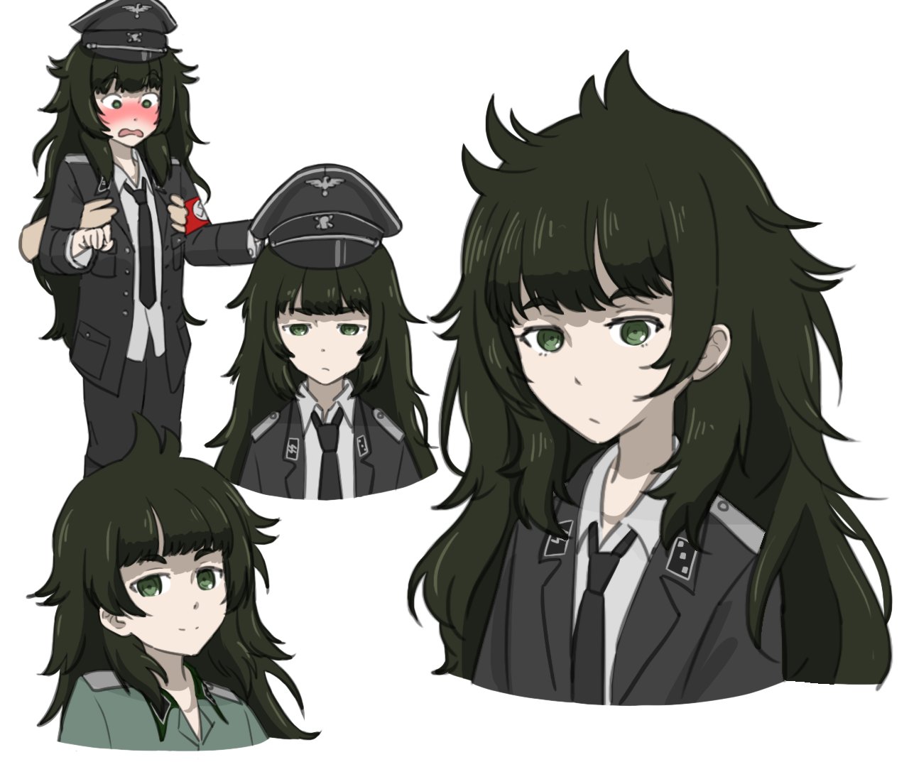 black cat03, hiyajou maho, science adventure, steins;gate, steins;gate 0, 1girl, black jacket, black necktie, blush, closed mouth, collared shirt, green eyes, green hair, hair between eyes, hat, jacket, long hair, long sleeves, looking at viewer, messy hair, military uniform, multiple views, nazi, necktie, open mouth, shirt, simple background, swastika, waffen-ss, white background, white shirt