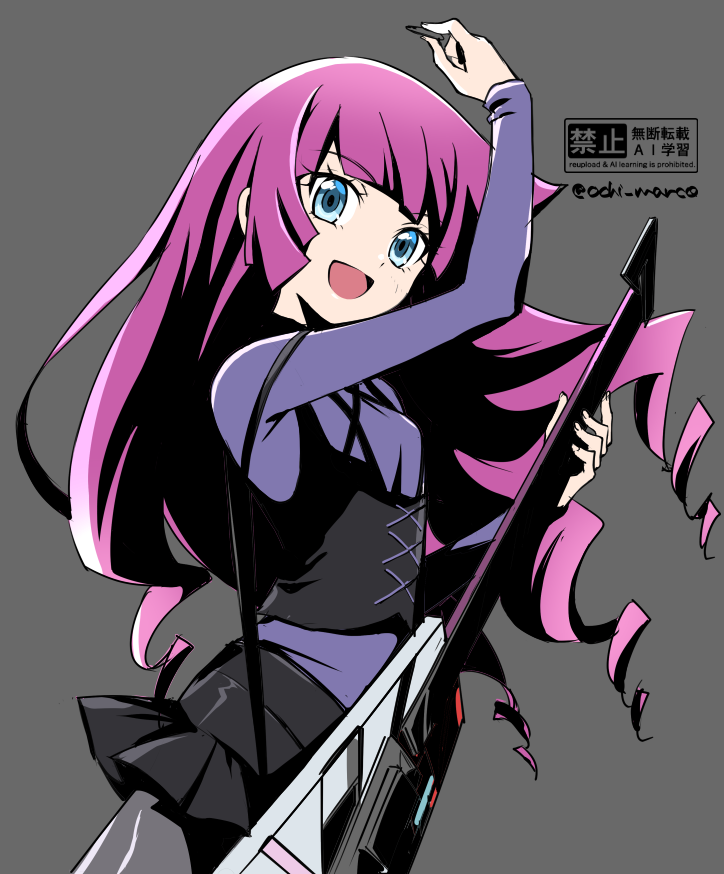 ochi marco, kirishima romin, yu-gi-oh!, yu-gi-oh! sevens, 1girl, black skirt, blue eyes, duel disk, electric guitar, grey background, guitar, holding, holding guitar, holding instrument, holding plectrum, instrument, long hair, open mouth, plectrum, purple hair, purple shirt, shirt, simple background, skirt, smile, solo, twitter username, watermark